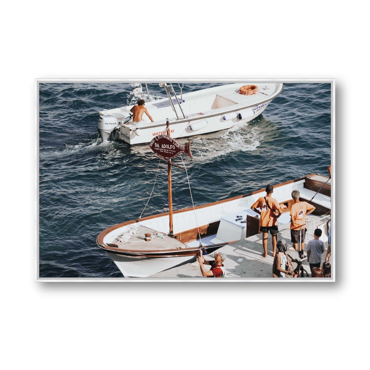 Water Taxi Positano wall art Statement fine art canvas in white float frame
