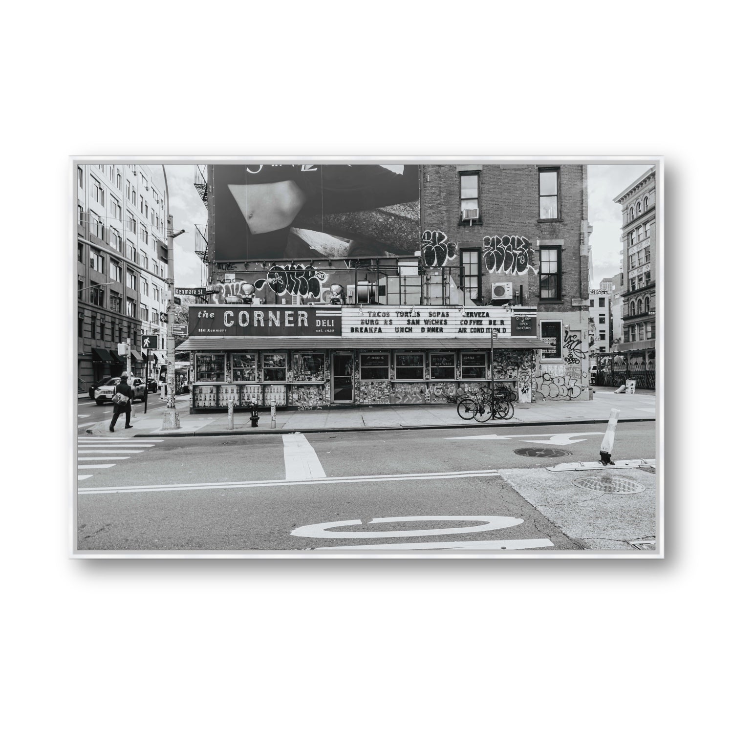 Kenmare Street New York NYC Black & White wall art Statement fine art canvas in white float frame