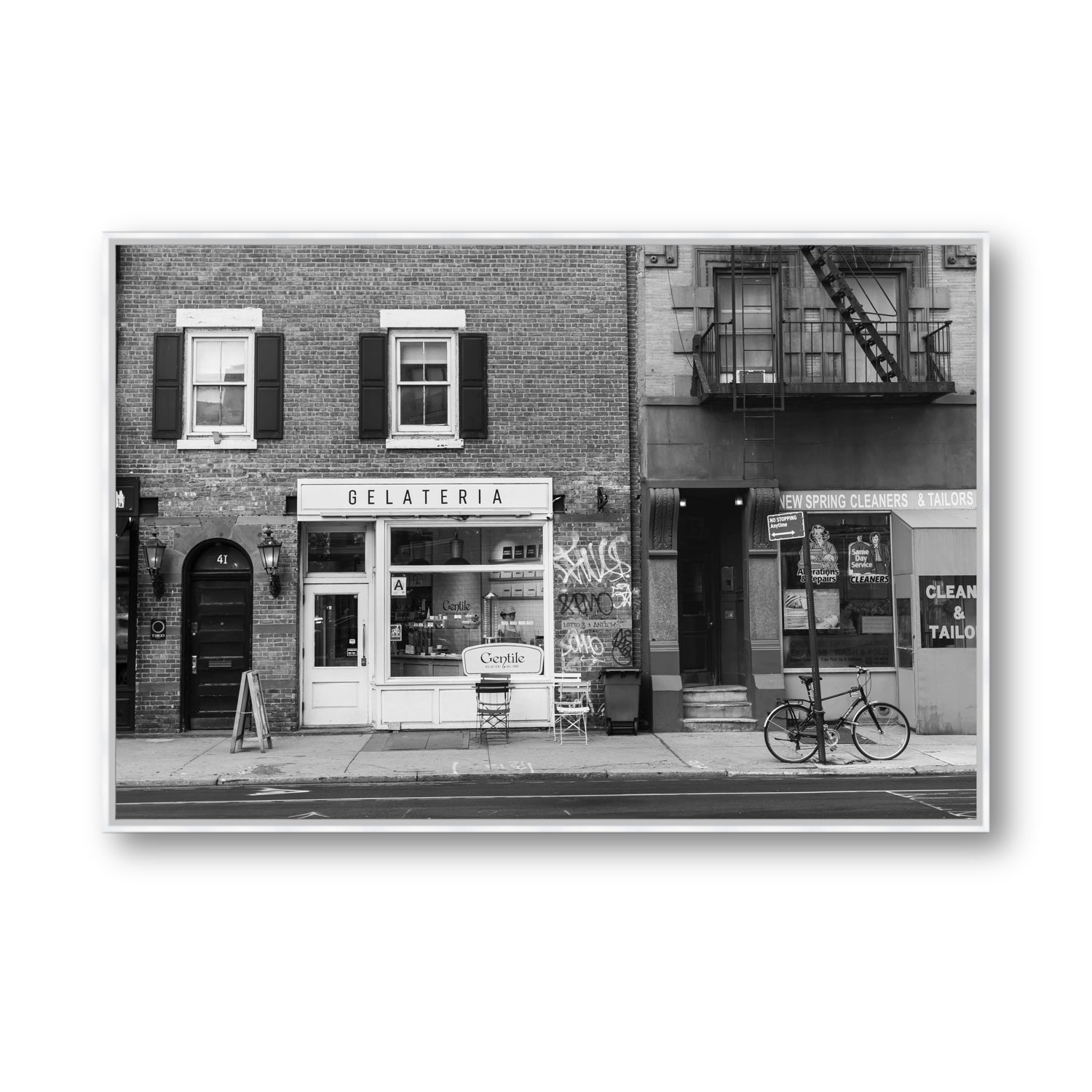 West Village Dolcezza New York NYC Black & White wall art Statement fine art canvas in white float frame
