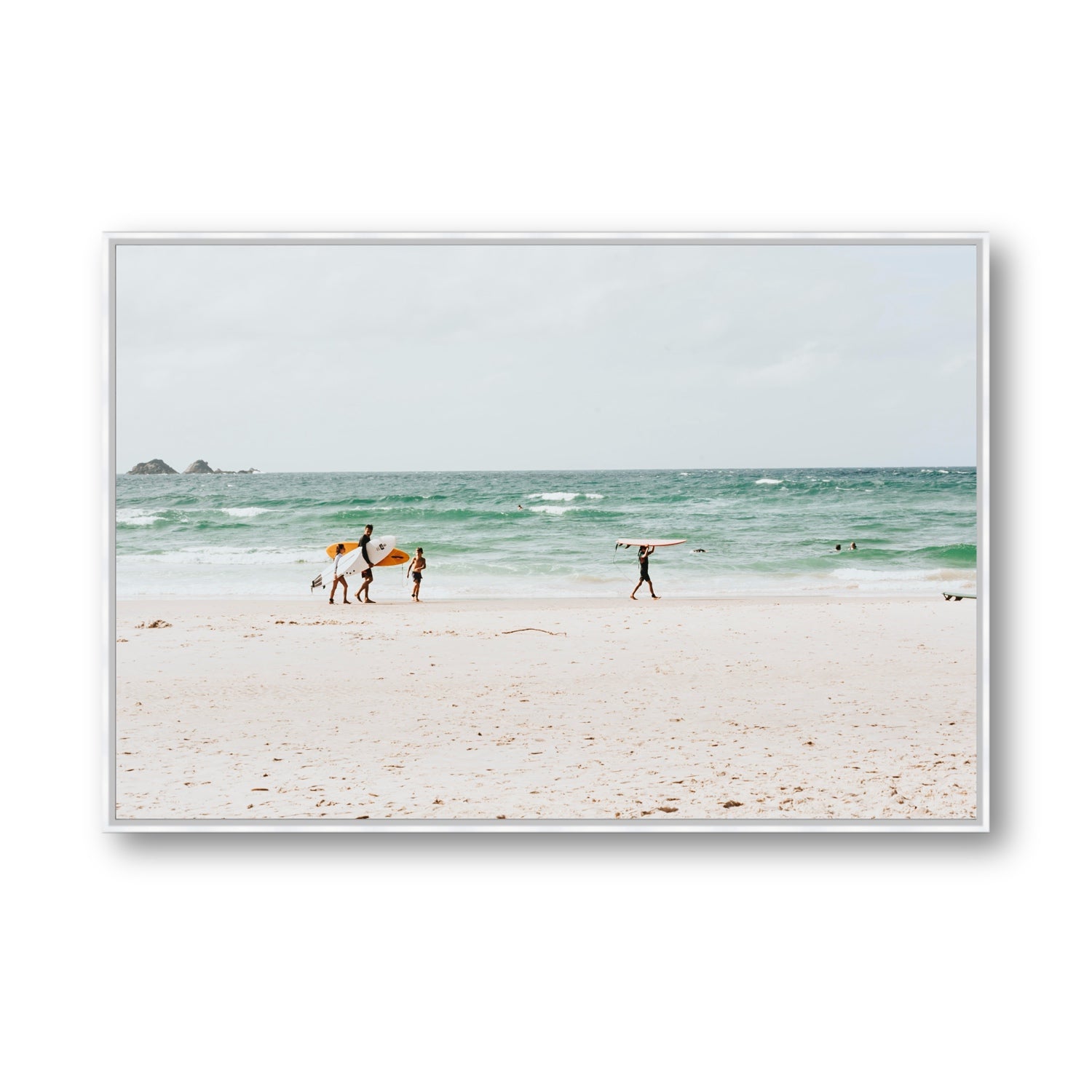 La Famiglia Byron Bay Family Surf coastal wall art Statement fine art canvas in white float frame