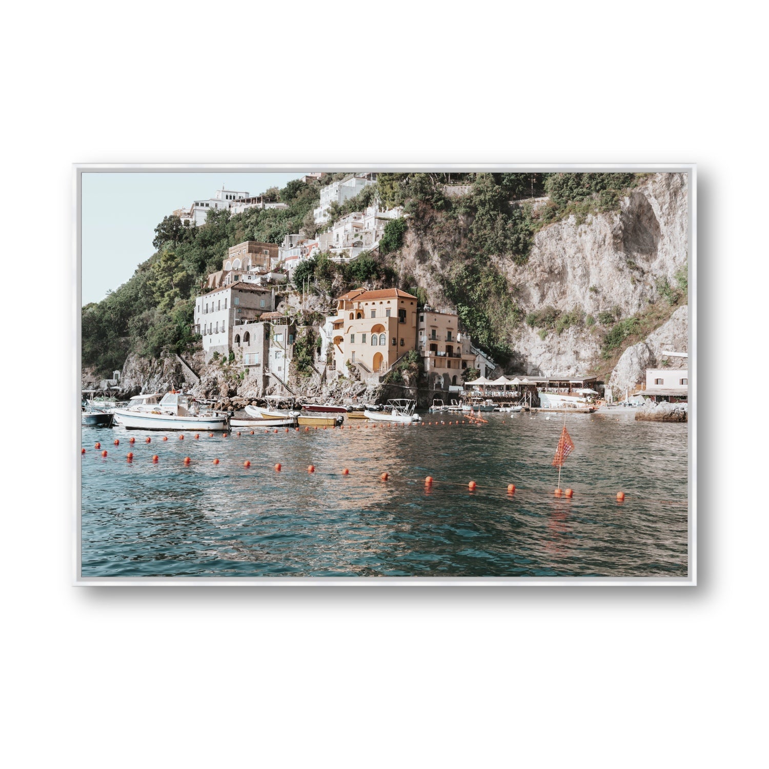 Amalfi Villas fine art print, Amalfi, Italy, coastal scenes artwork, Statement, White Float Frame, Fine Art Canvas