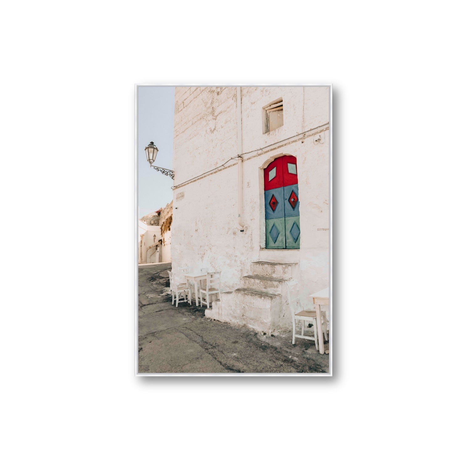 Doorway Delight Puglia Ostuni wall art Extra Large fine art canvas in white float frame