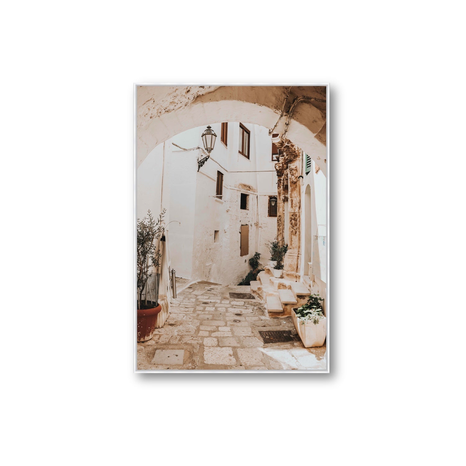Pathway Wander Puglia Ostuni wall art Extra Large fine art canvas in white float frame