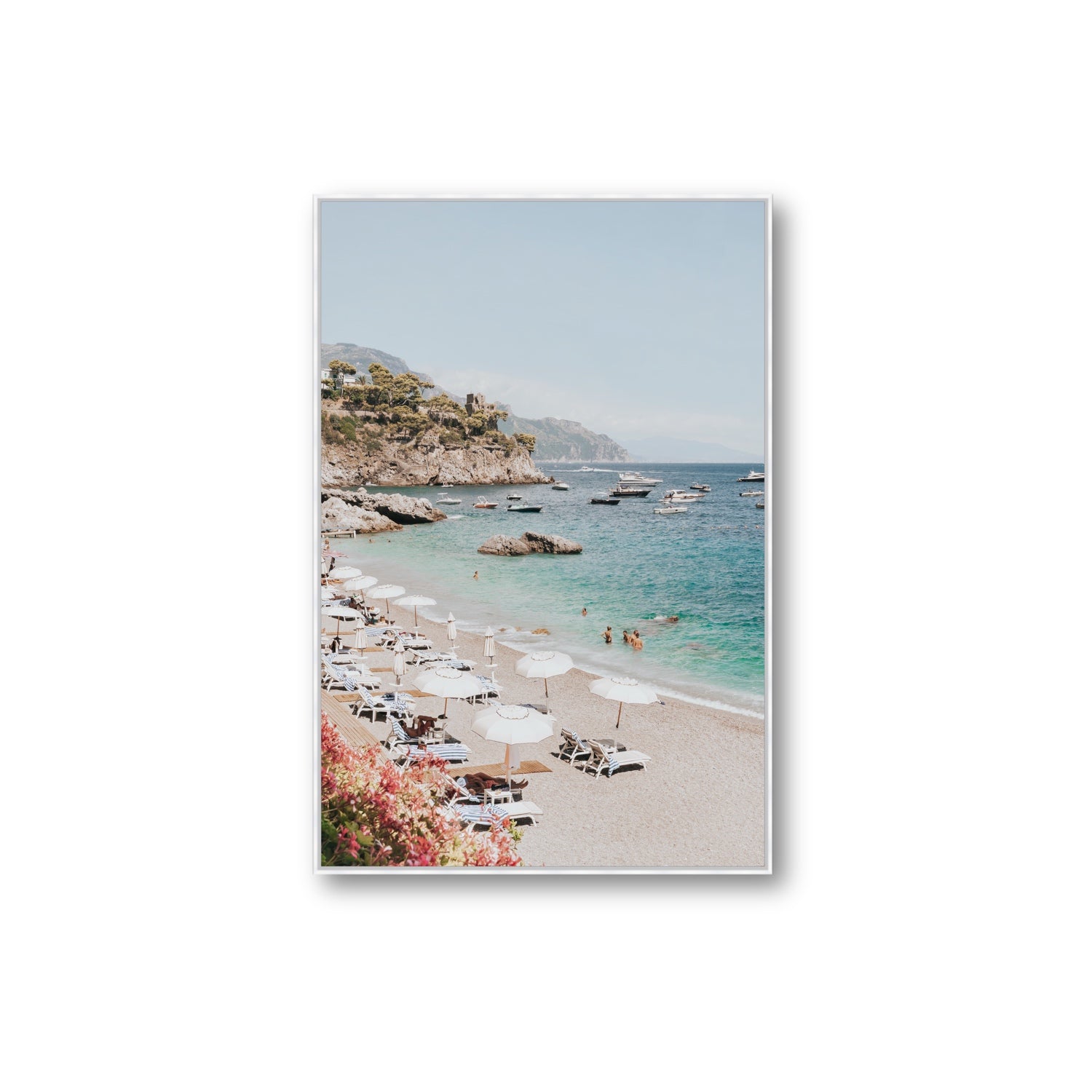 Seaview Refuge Amalfi coastal wall art extra large fine art canvas in white float frame