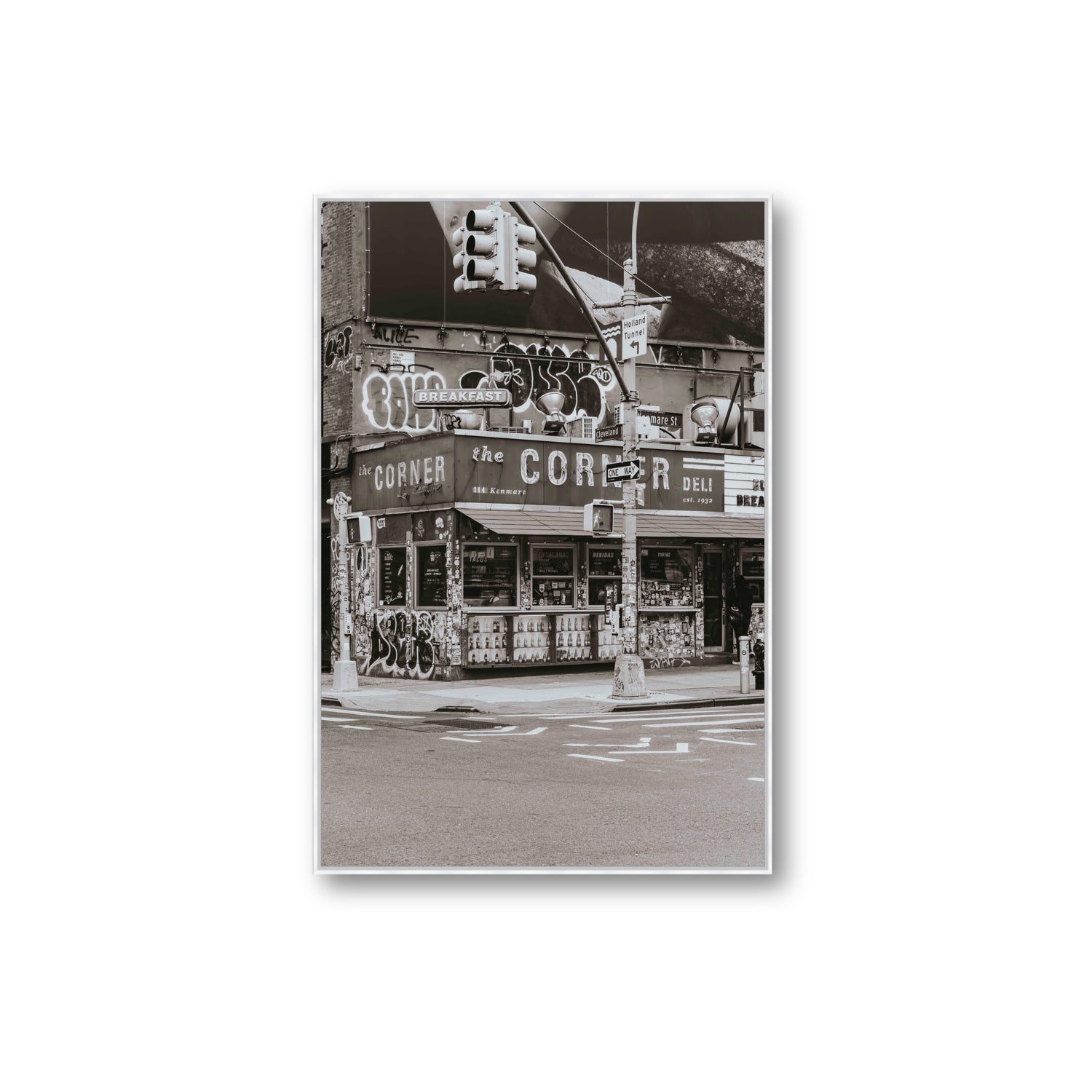 Soho Deli New York NYC Black & White wall art Extra Large fine art canvas in white float frame