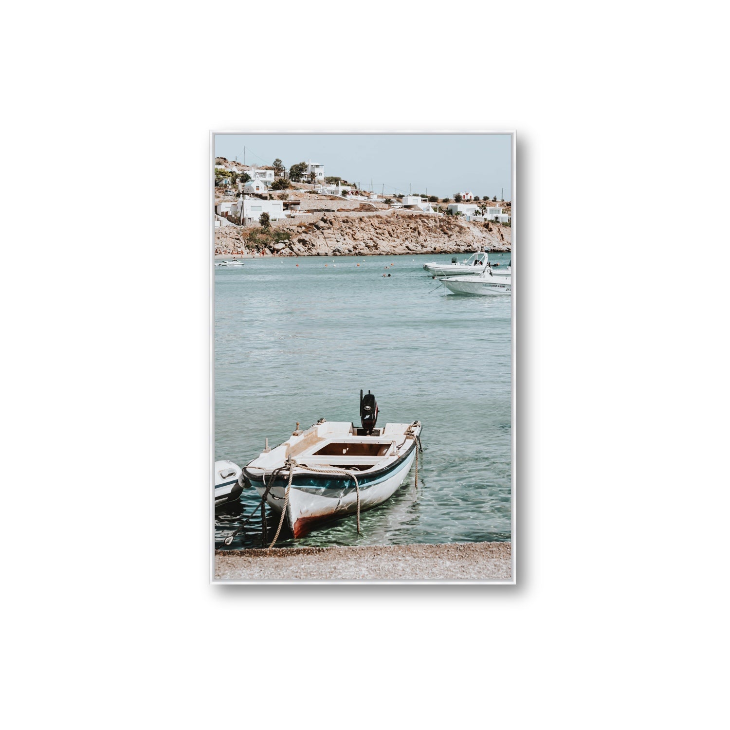 Classic Wheels Mykonos Greek island wall art Extra Large fine art canvas in white float frame