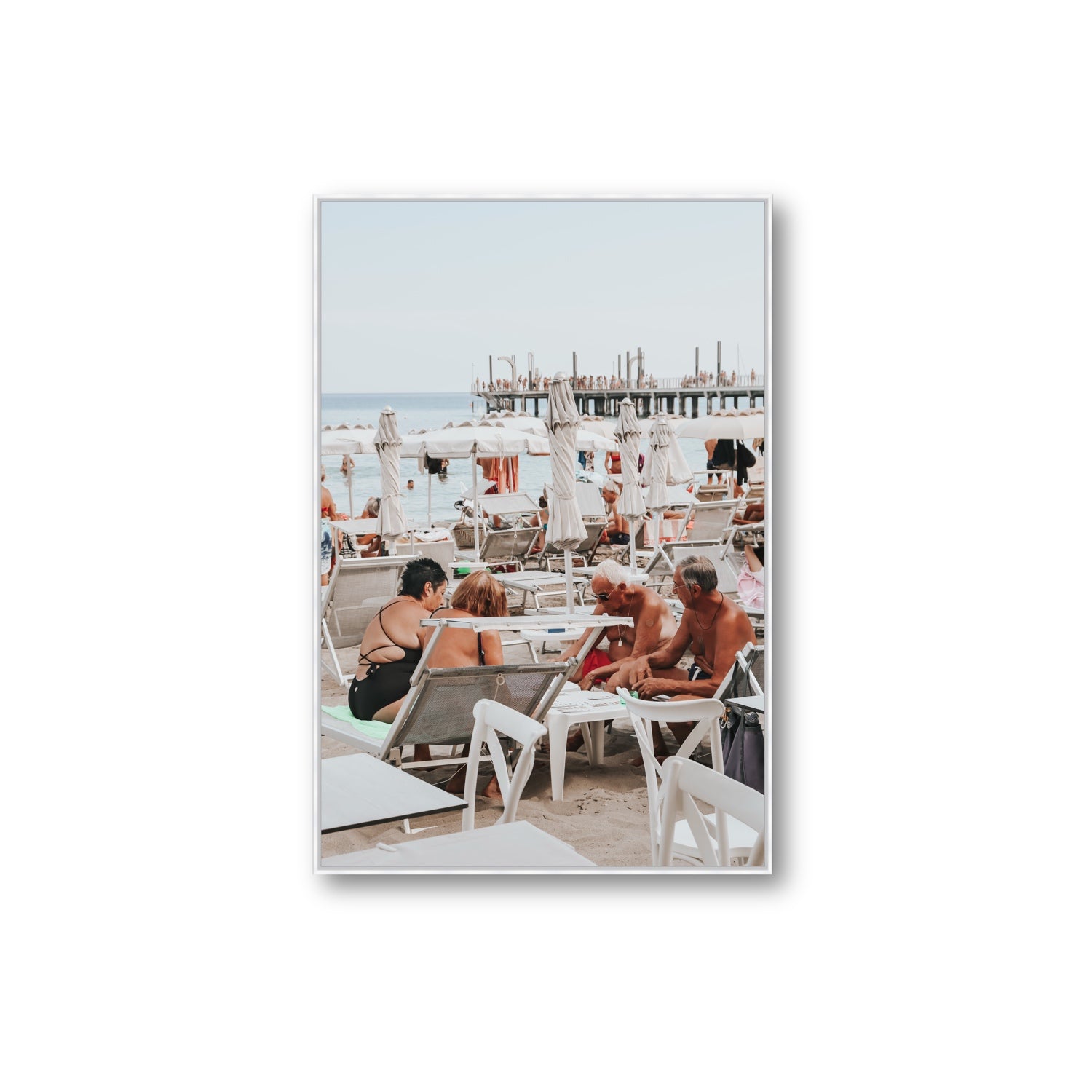 Salted Shuffle fine art print, Alassio, Italy, people and locals artwork, Extra Large, White Float Frame, Fine Art Canvas