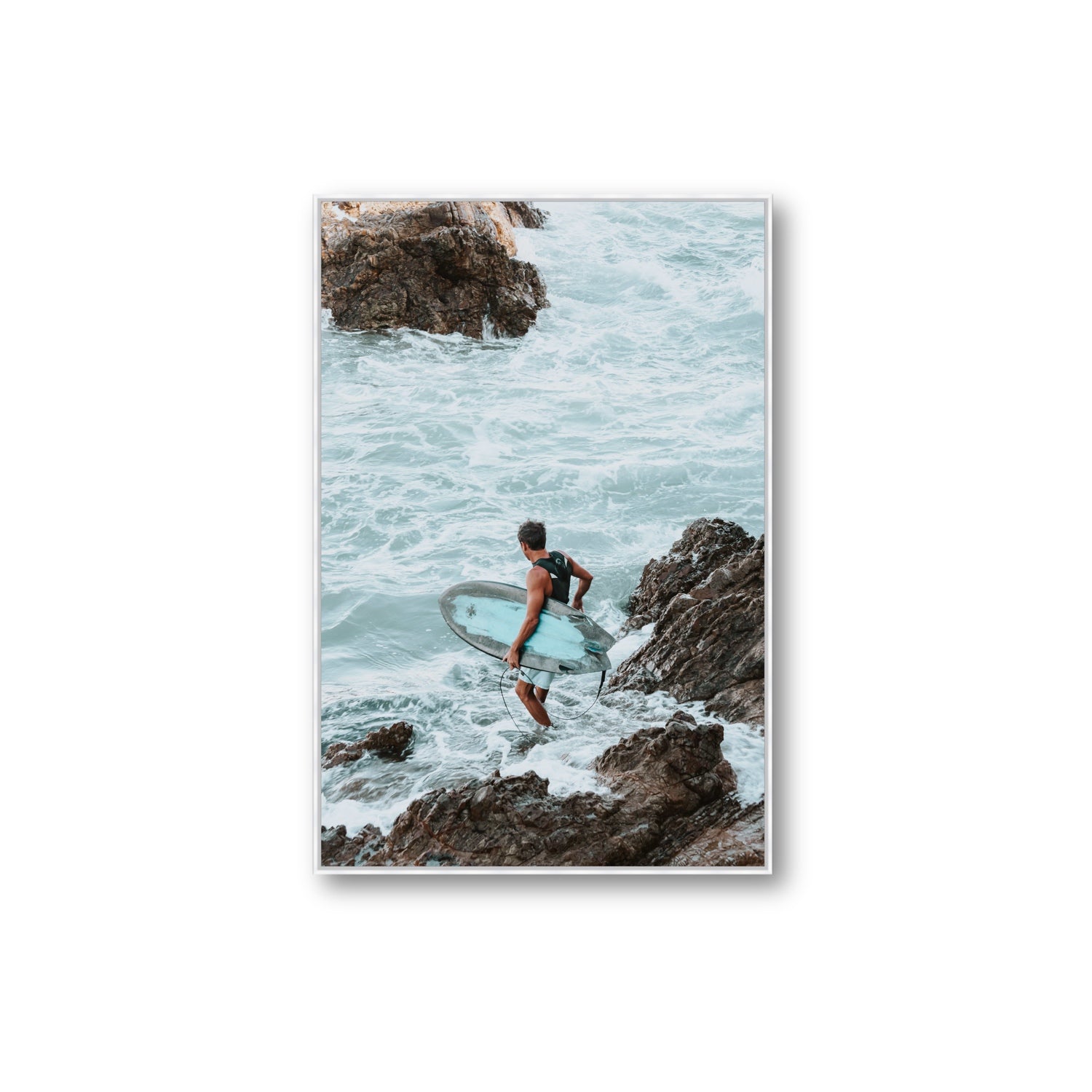 Into The Soup Byron Bay Surf coastal wall art Extra Large fine art canvas in white float frame