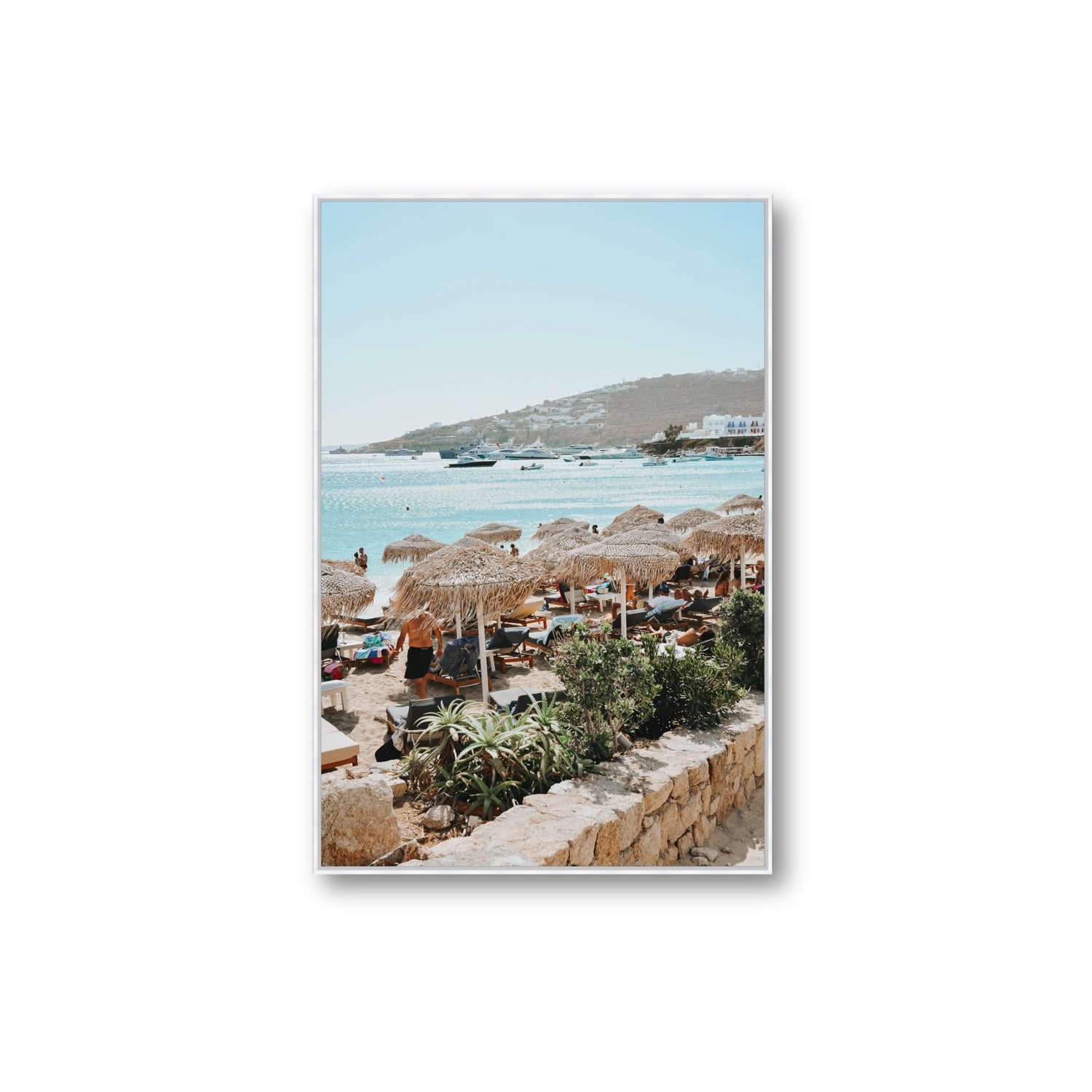 Beachside Huts Mykonos Greek island wall art Extra Large fine art canvas in white float frame