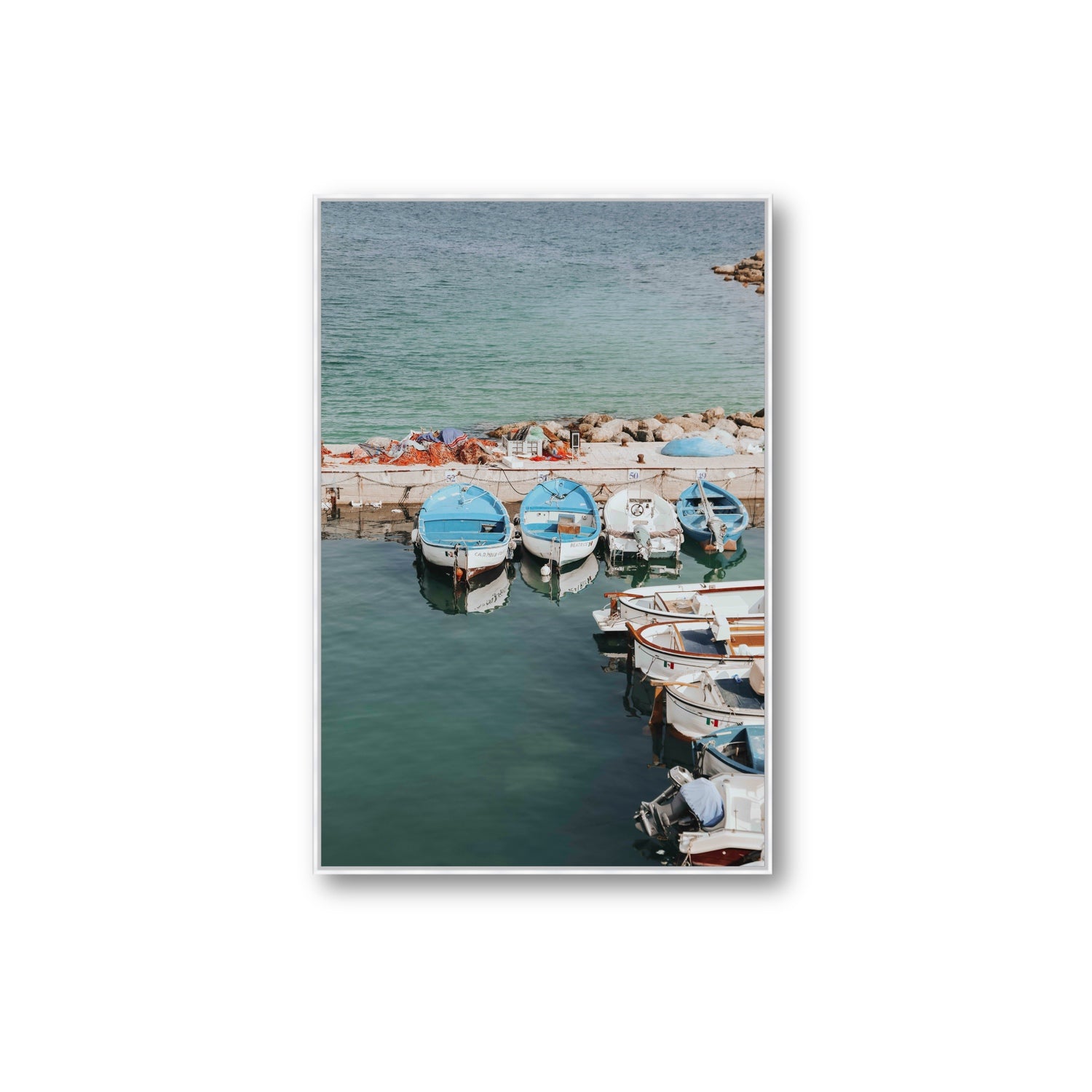Maritime Memories Puglia Harbour Reflections coastal wall art Extra Large fine art canvas in white float frame