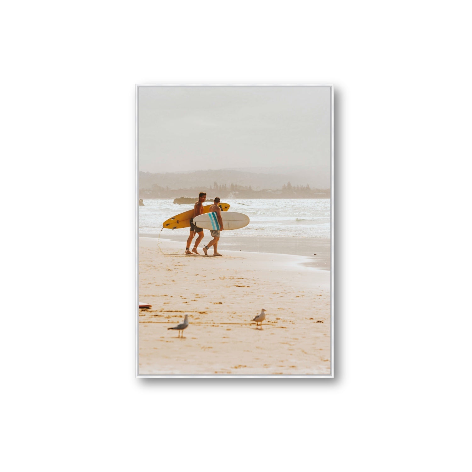 Shane & Benji Byron Bay Surf coastal wall art Extra Large fine art canvas in white float frame