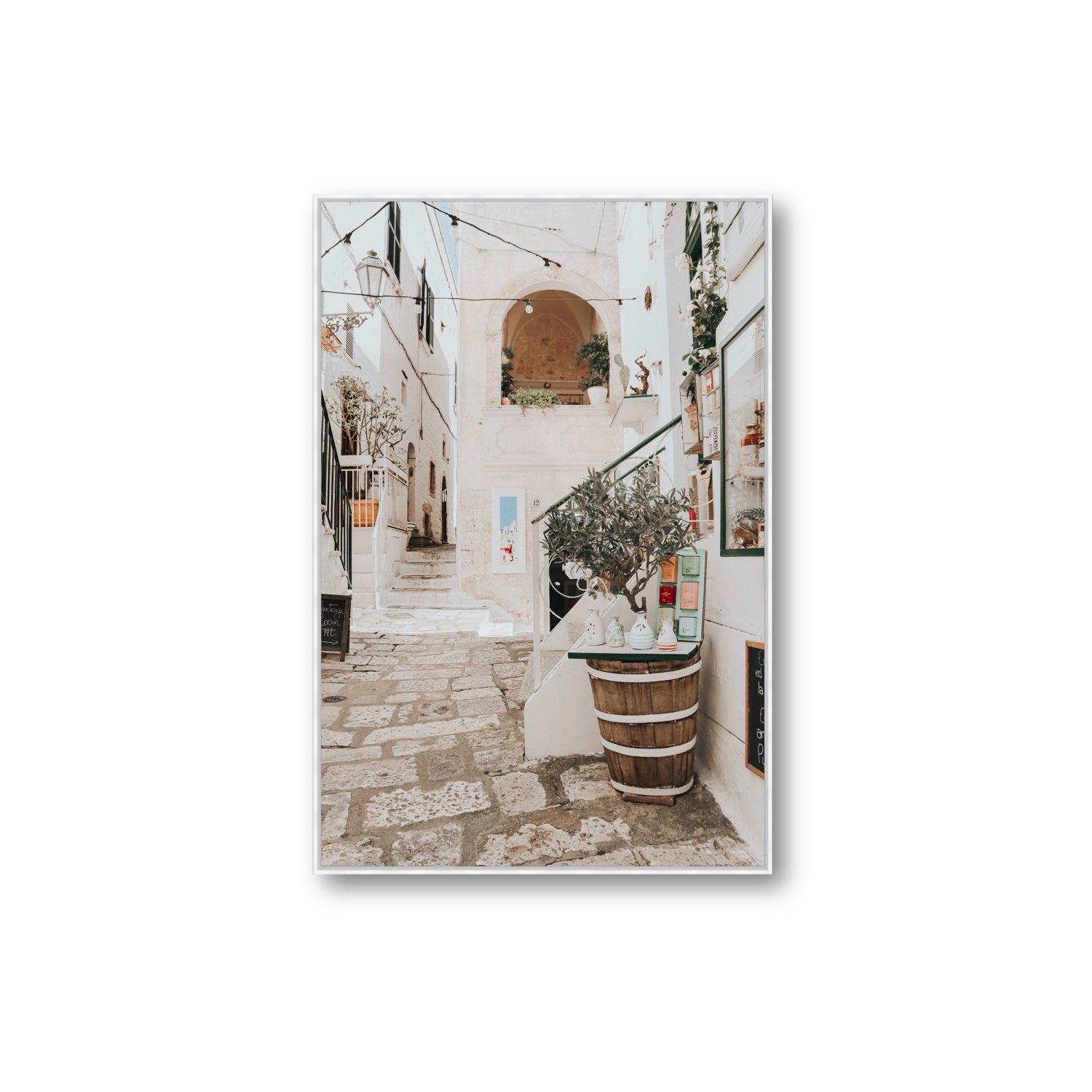 Olive Tree Lane Puglia Ostuni Mediterranean decor wall art Extra Large fine art canvas in white float frame