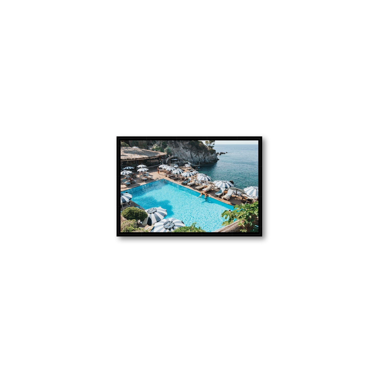 Oceanview Ischia Italian coastal wall art Small fine art canvas in black float frame
