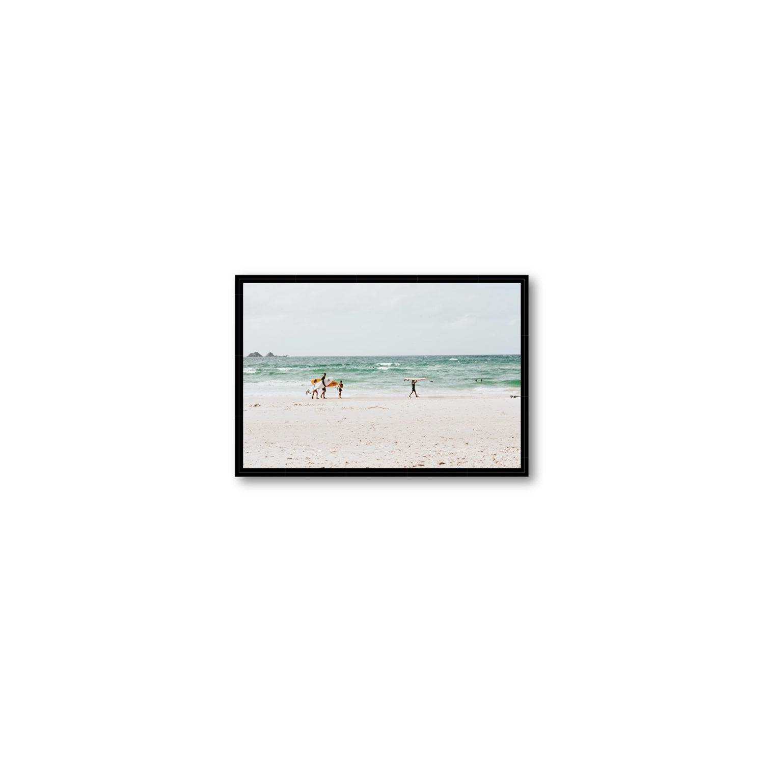 La Famiglia Byron Bay Family Surf coastal wall art Small fine art canvas in black float frame