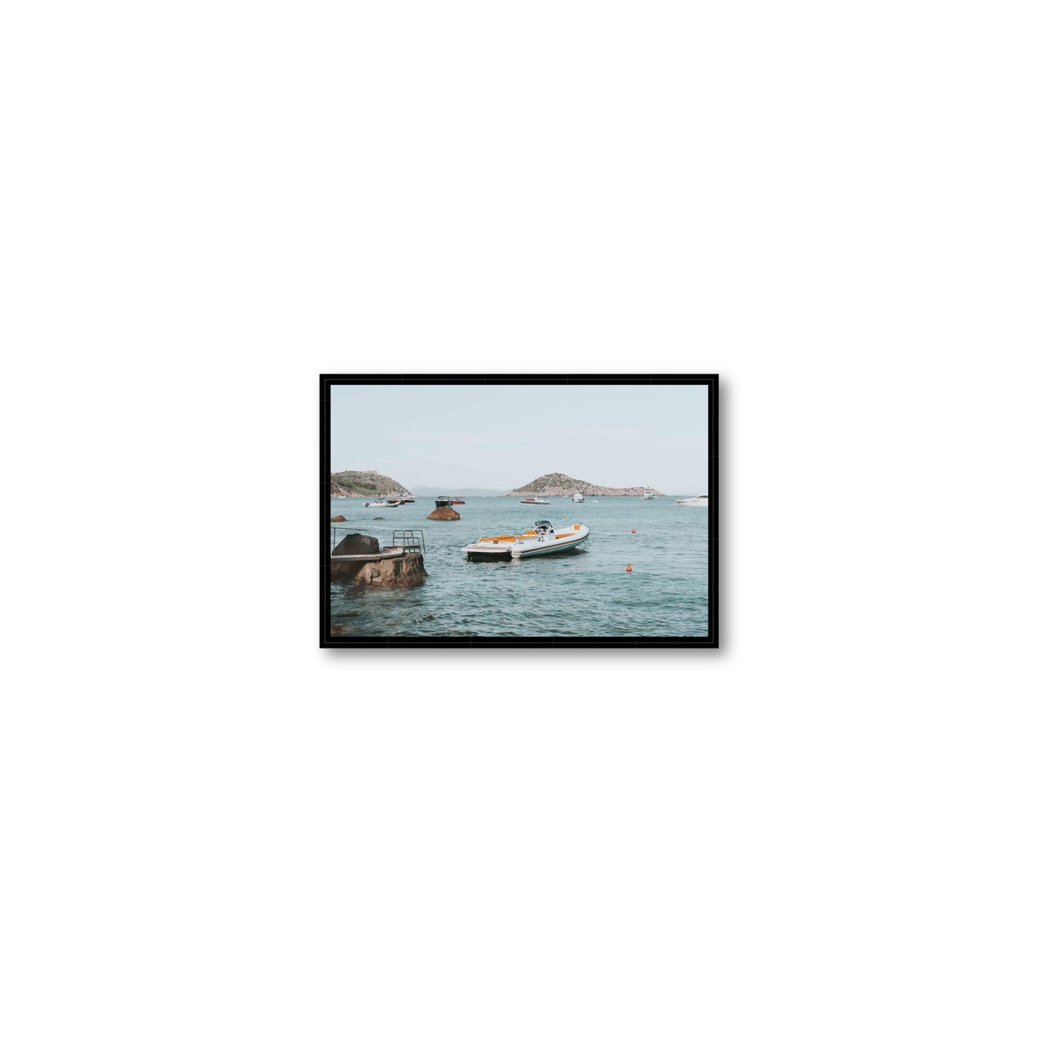 The Azure Sea Tuscany coastal Italian wall art Small fine art canvas in black float frame