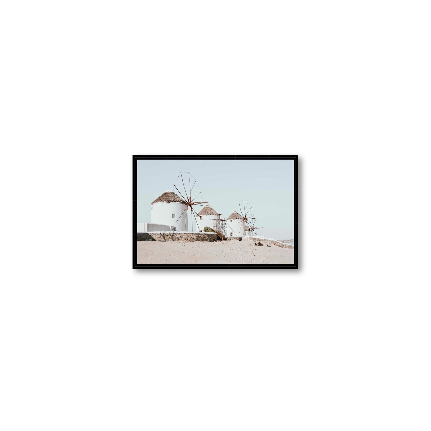 Rustic Icons Mykonos Greek island wall art Small fine art canvas in black float frame