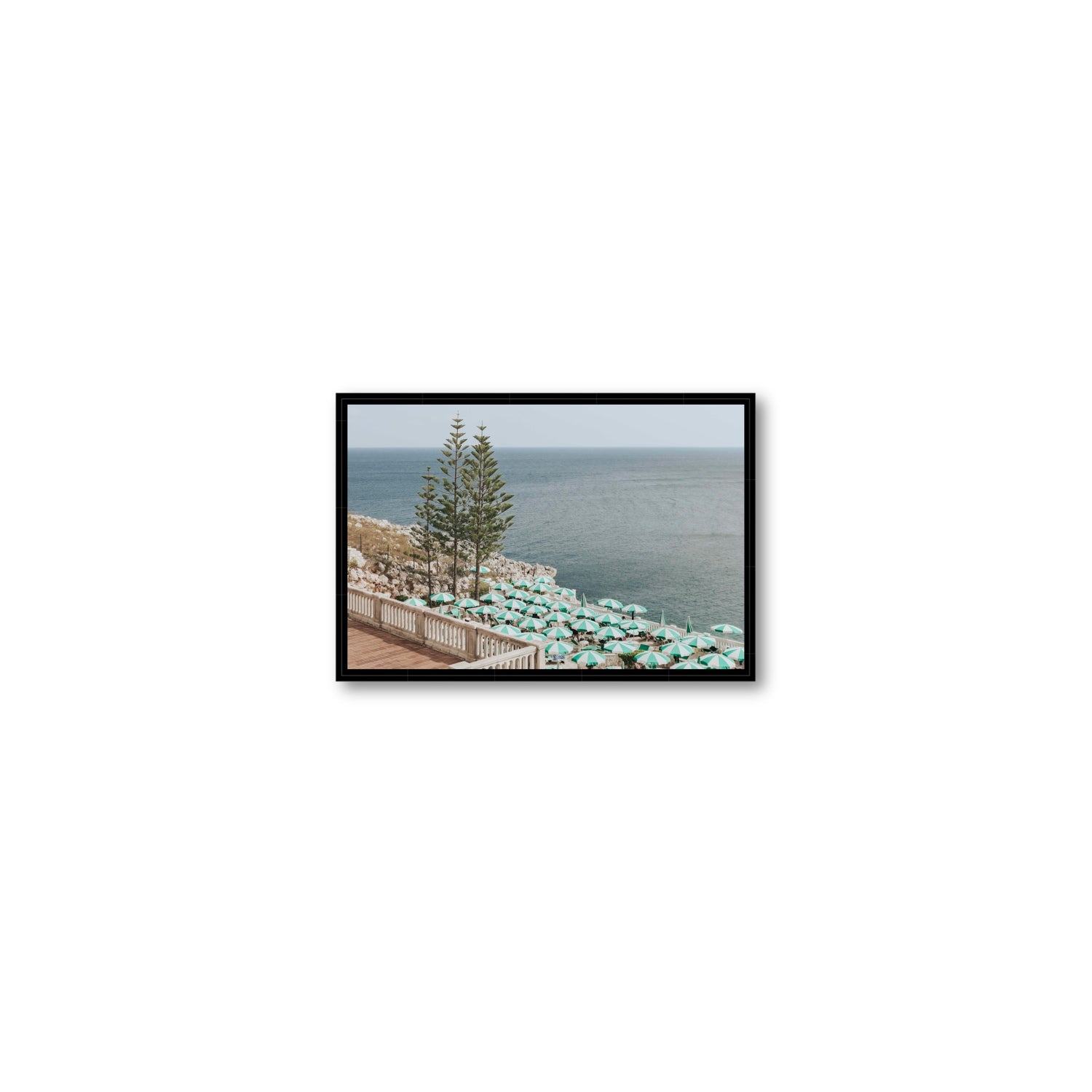Azure Horizon Puglia beach coastal wall art Small fine art canvas in black float frame