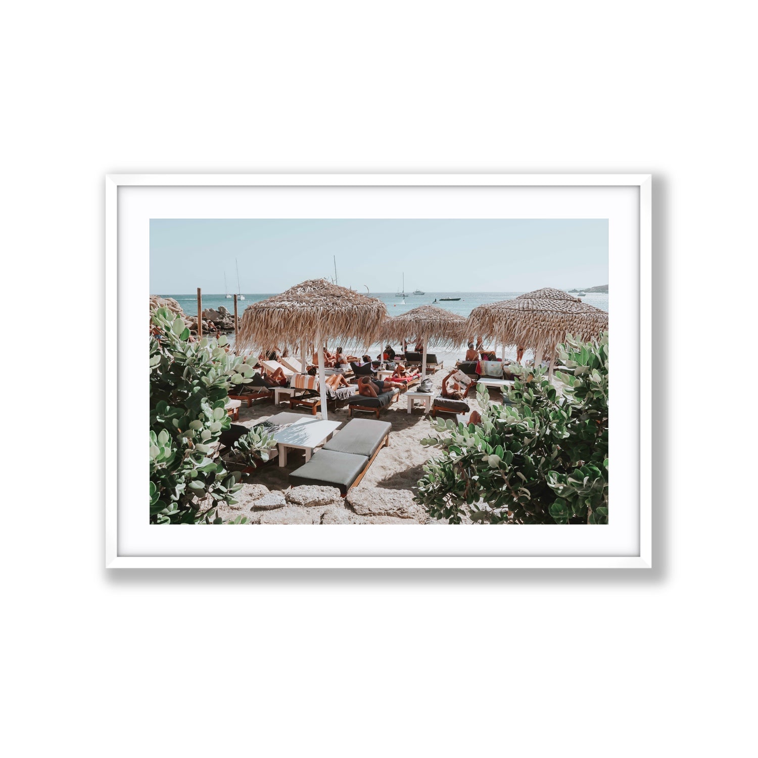 Greek Haven Mykonos Greek island coastal wall art Extra Large fine art print in white frame with matboard