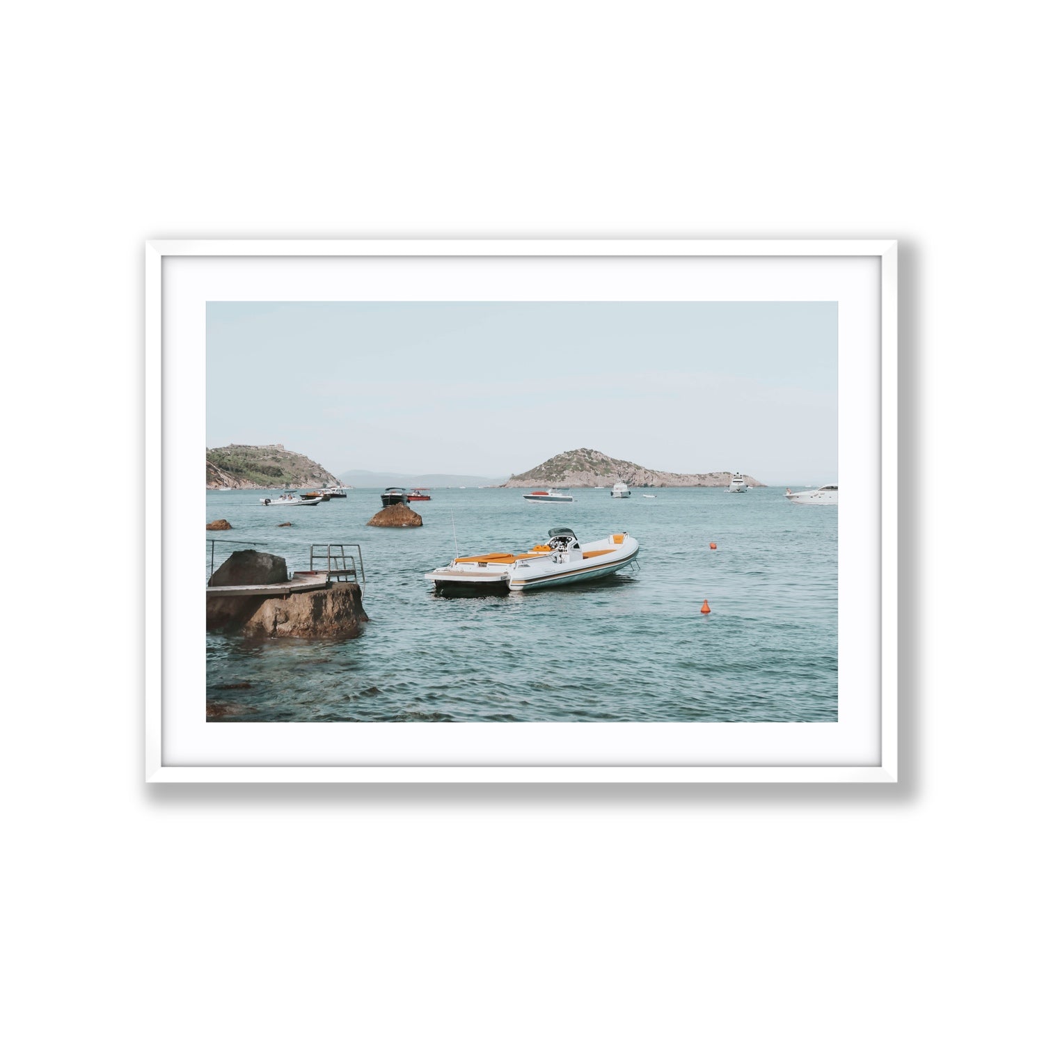 The Azure Sea Tuscany coastal Italian wall art Extra Large fine art print in white frame with matboard