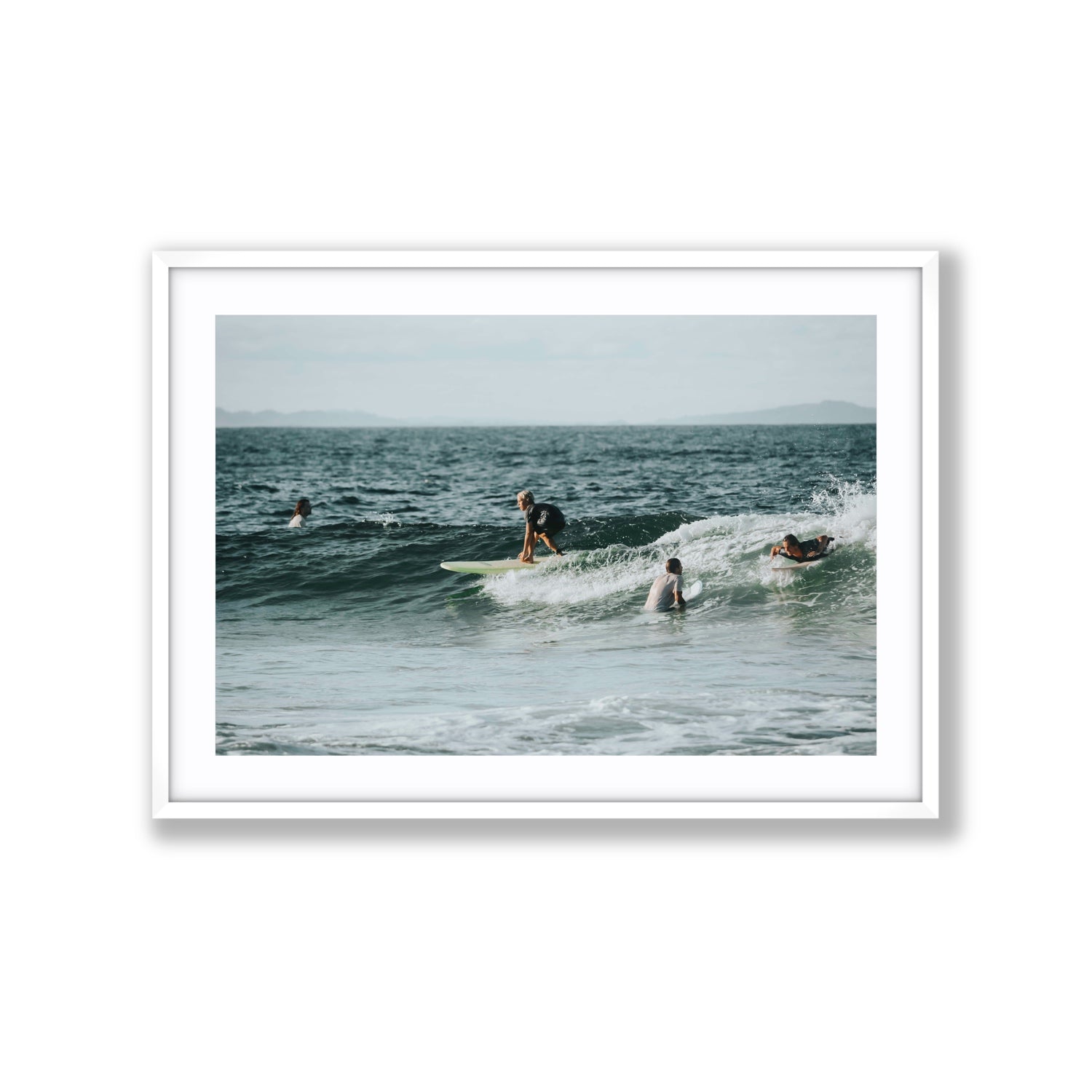 The Boys of Summer Byron Bay Surf coastal wall art Extra Large fine art print in white frame with matboard