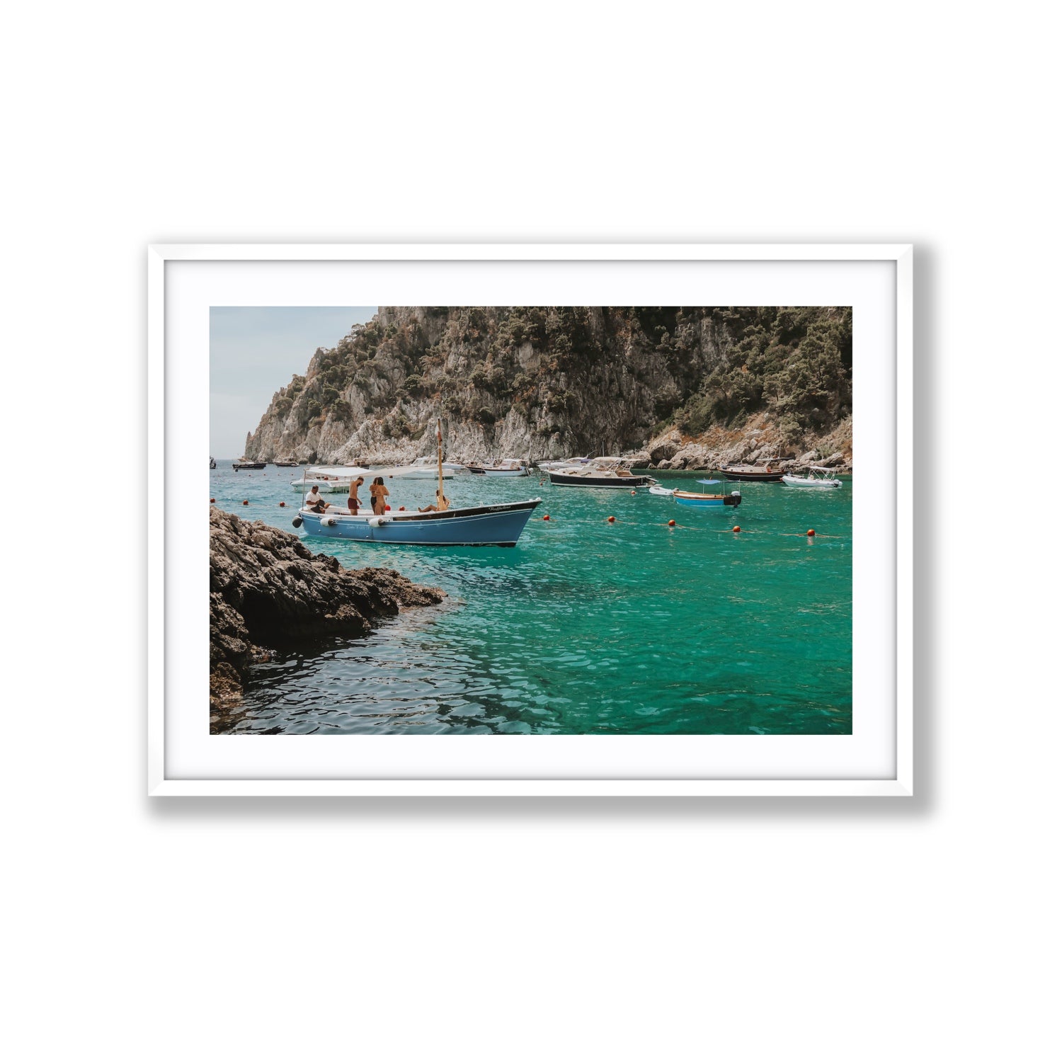 Cozy Cove Capri coastal Mediterranean wall art Extra Large fine art print in white frame with matboard