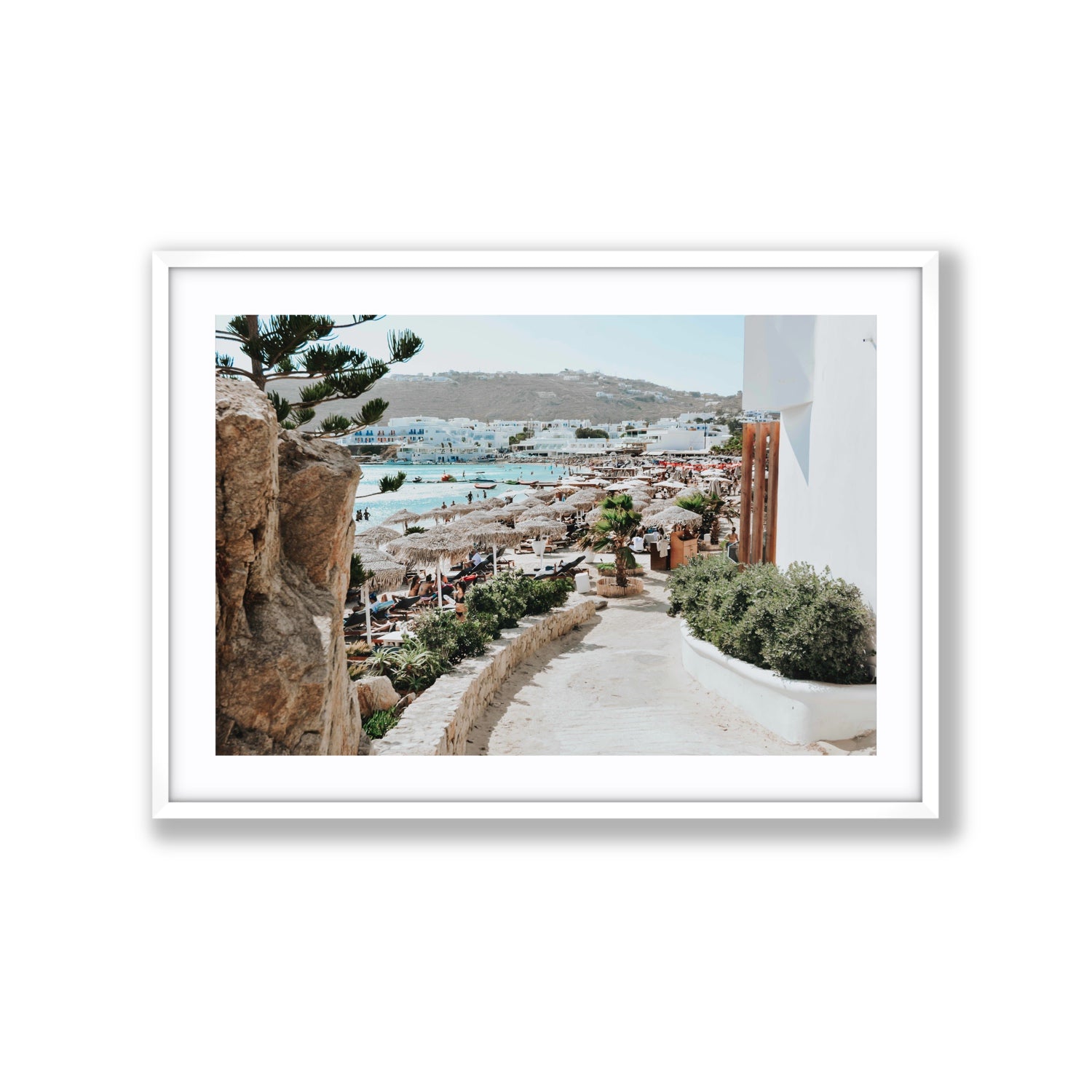 Kalimera Mykonos Greek island wall art Extra Large fine art print in white frame with matboard