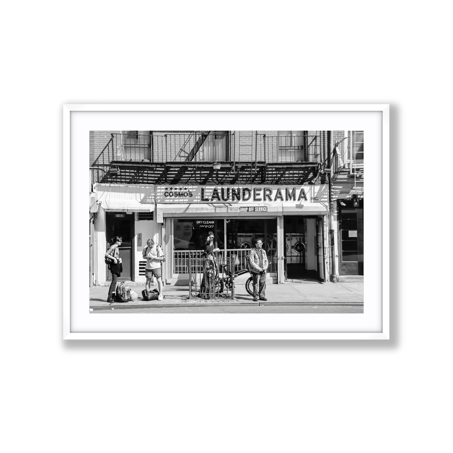 Launderama New York NYC Black & White wall art Extra Large fine art print in white frame with matboard