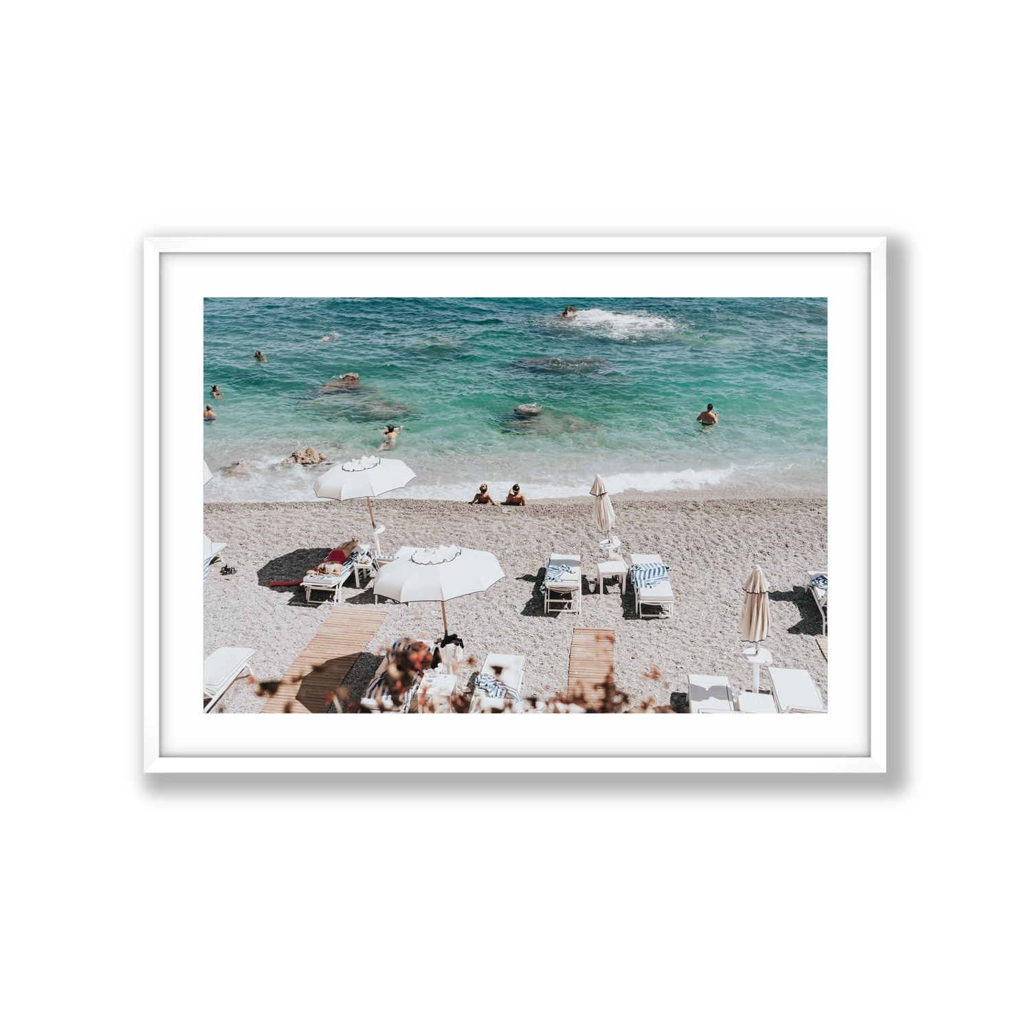 Amicizia Amalfi Italian beach wall art Extra Large fine art print in white frame with matboard