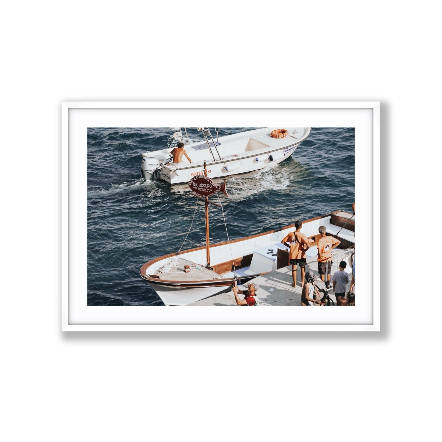 Water Taxi Positano wall art Extra Large fine art print in white frame with matboard