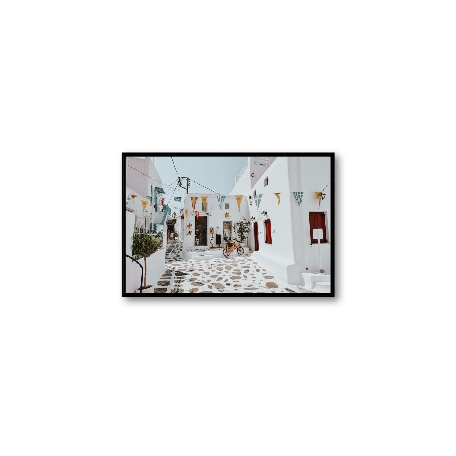 Cruising The Streets Mykonos Greek island wall art Medium fine art canvas in black float frame