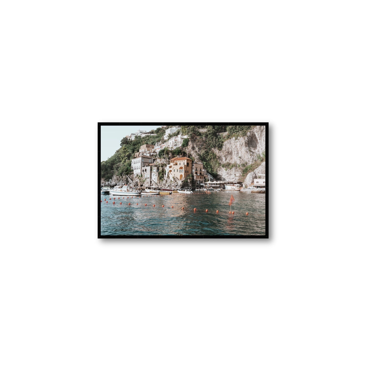Amalfi Villas fine art print, Amalfi, Italy, coastal scenes artwork, Medium, Black Float Frame, Fine Art Canvas