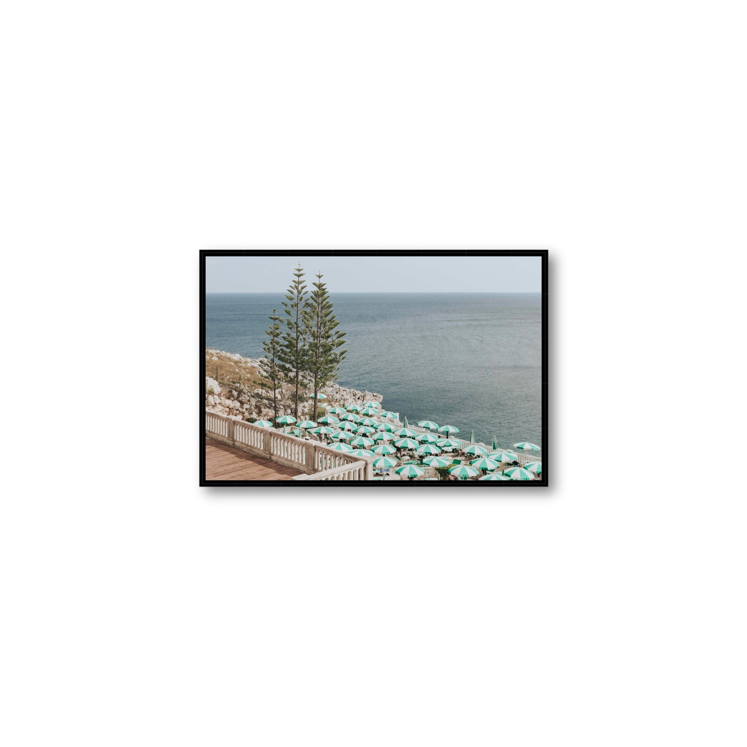Azure Horizon Puglia beach coastal wall art Medium fine art canvas in black float frame