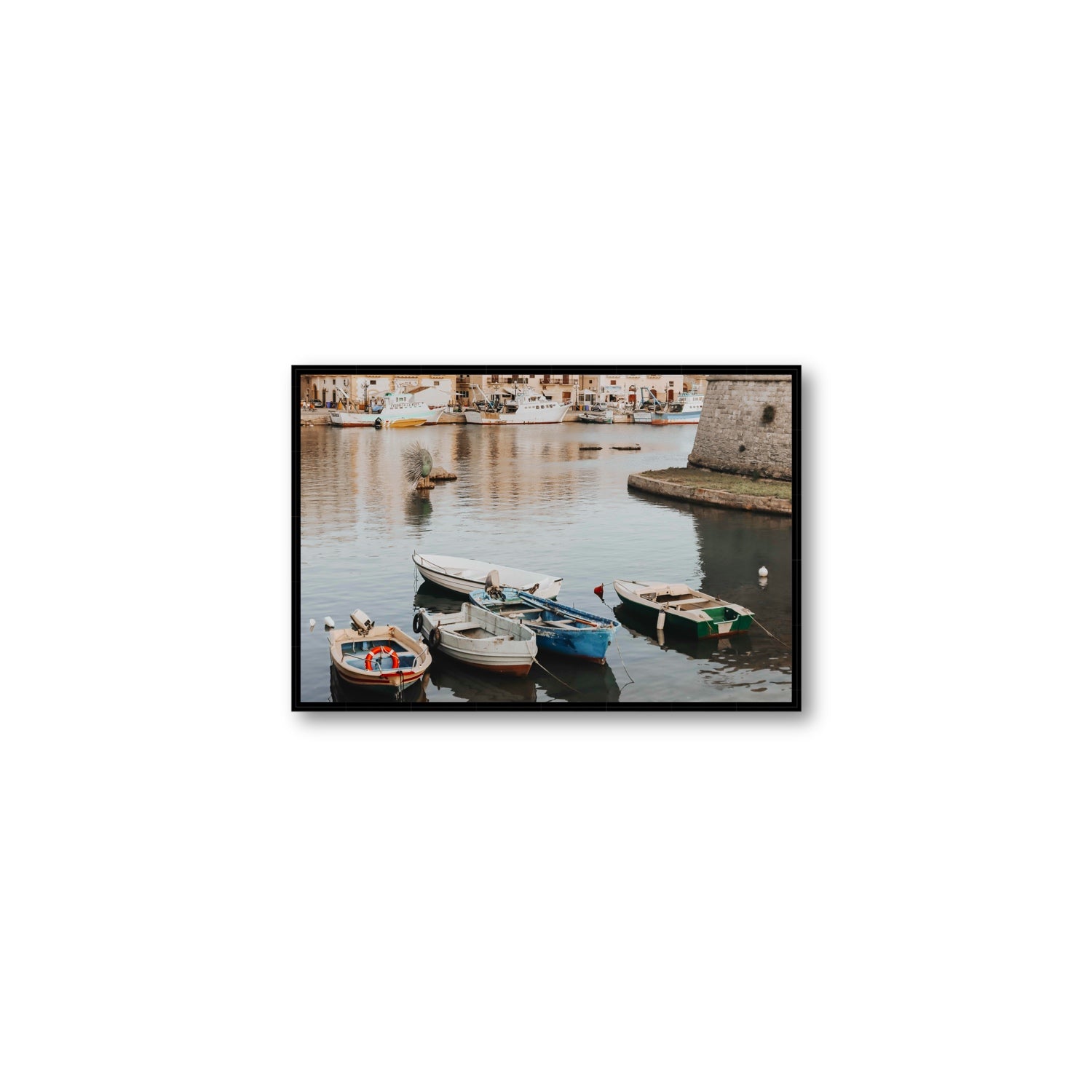 Cinque Barche Puglia Gallipoli Italian art print Medium fine art canvas in black float frame