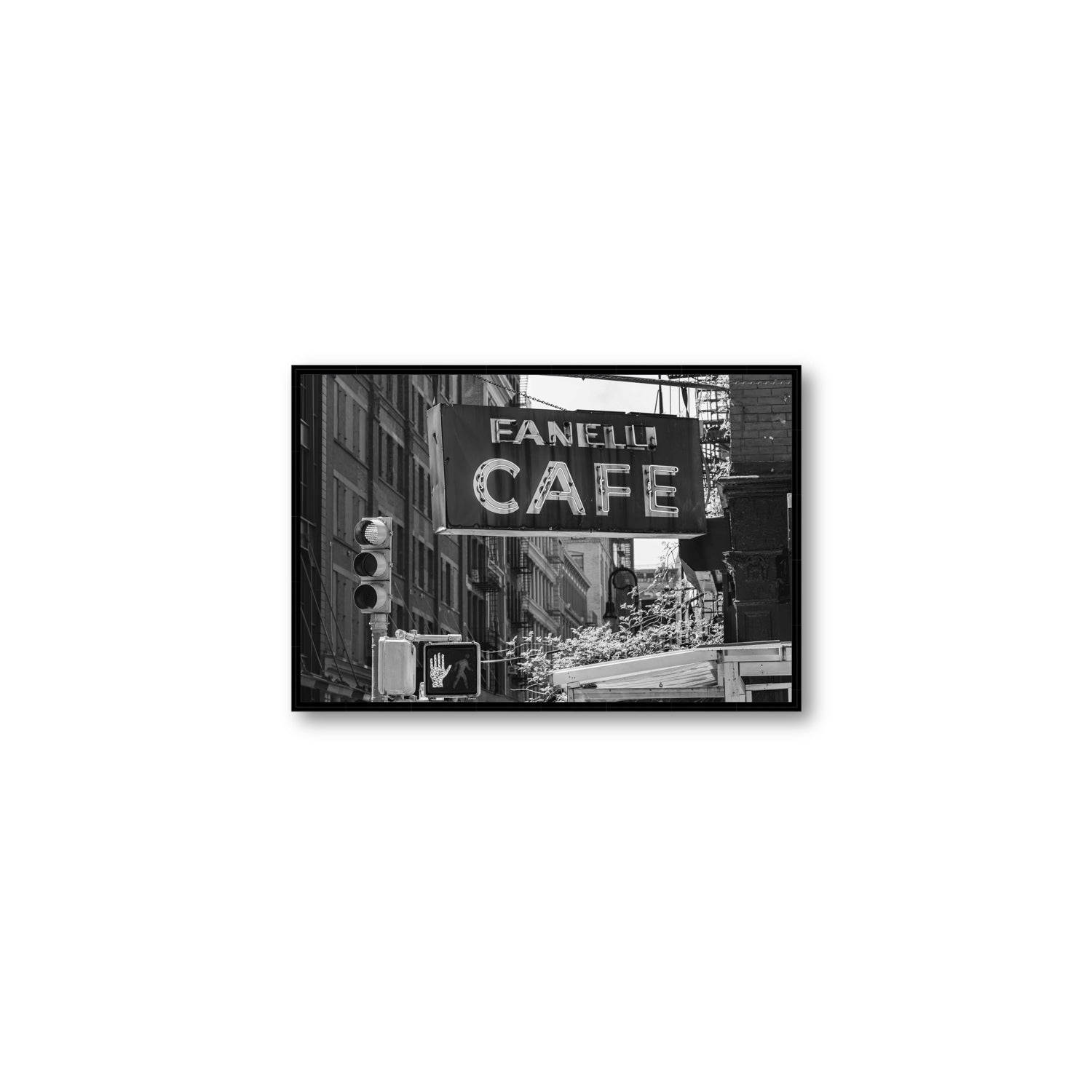 Soho Neon New York NYC Black & White wall art Medium fine art canvas in black float frame