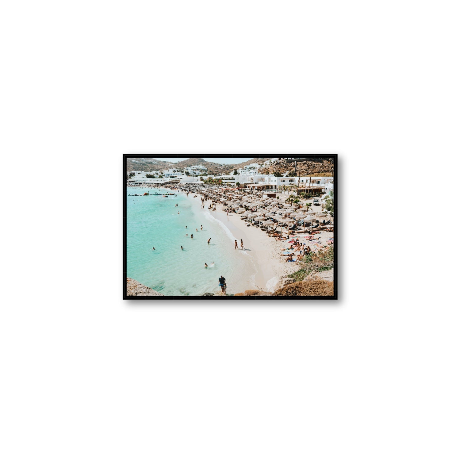 Aquaholic Mykonos Greek island wall art Medium fine art canvas in black float frame
