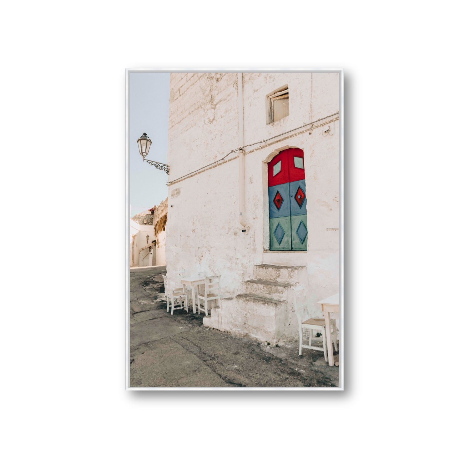 Doorway Delight Puglia Ostuni wall art Giant fine art canvas in white float frame