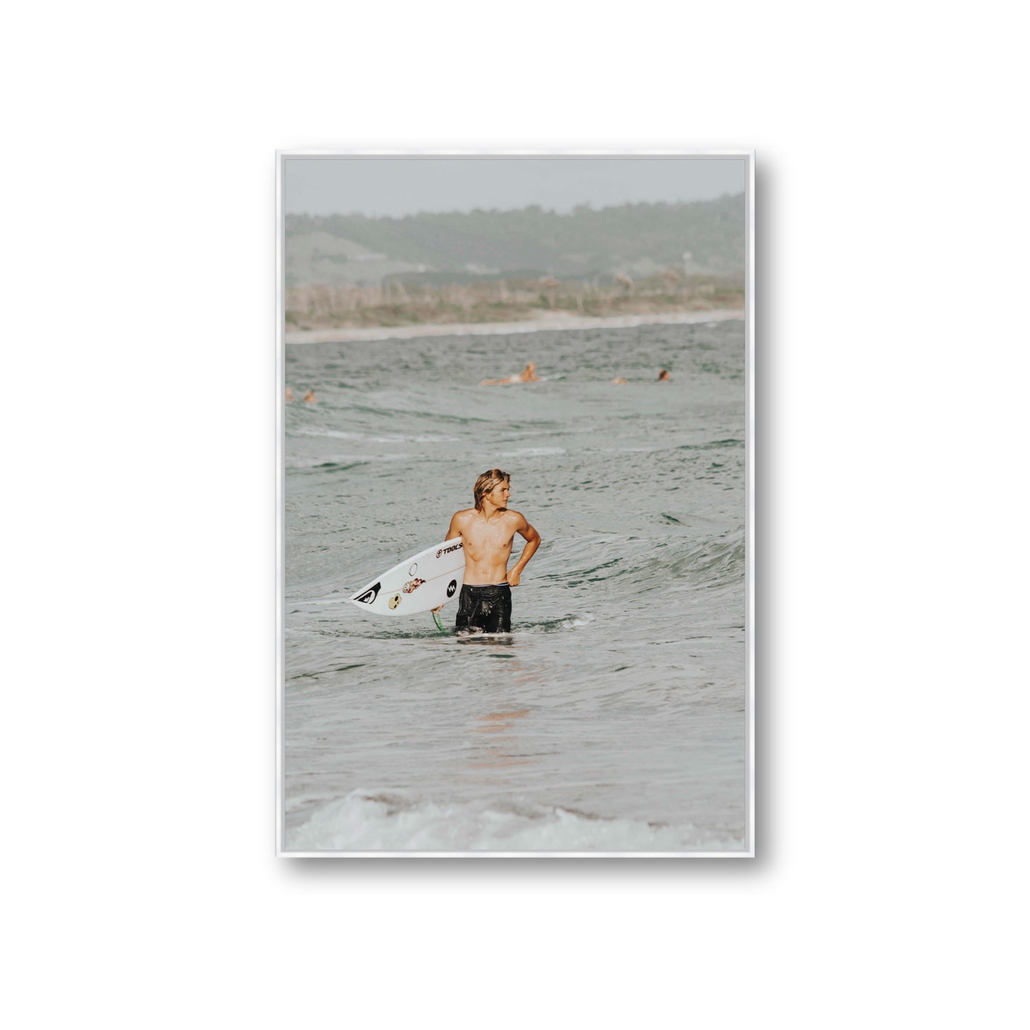 Chasing Mavericks Byron Bay Surf coastal wall art Giant fine art canvas in white float frame