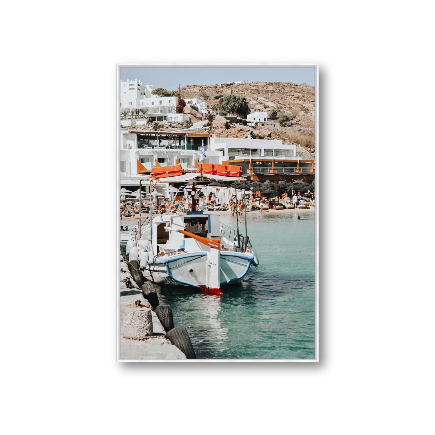 Travel In Style Mykonos Greek island wall art Giant fine art canvas in white float frame