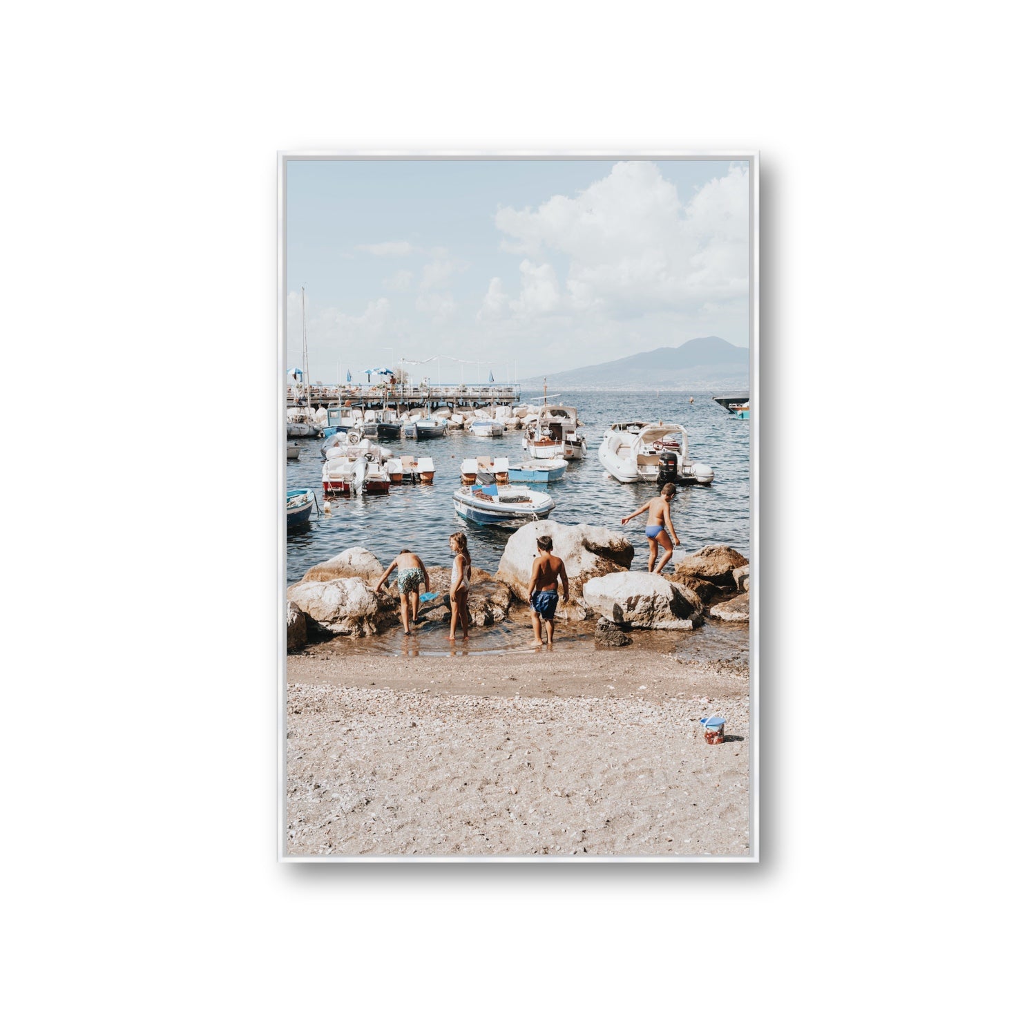 Searching For Treasures Sorrento coastal wall art Giant fine art canvas in white float frame