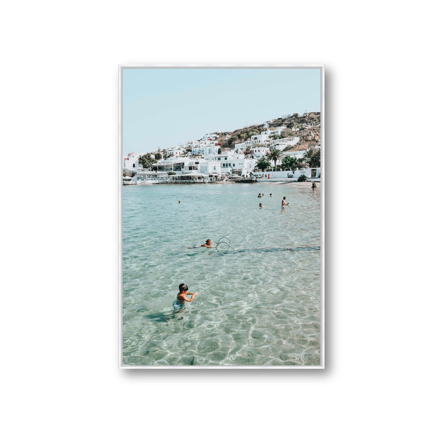 Beside The Seaside Mykonos beach Greek island wall art Giant fine art canvas in white float frame