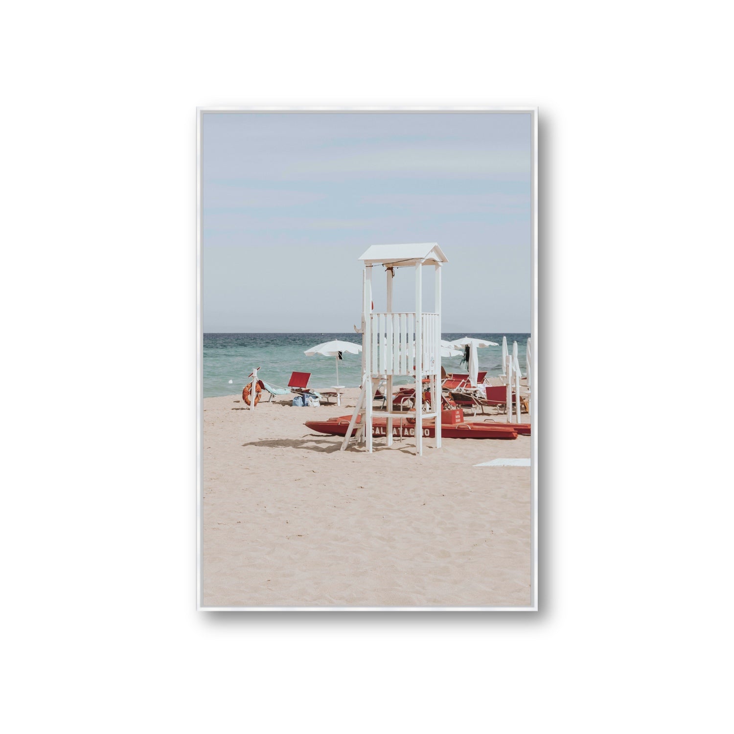 Barefoot Bliss Puglia beach Italian coastal decor wall art Giant fine art canvas in white float frame