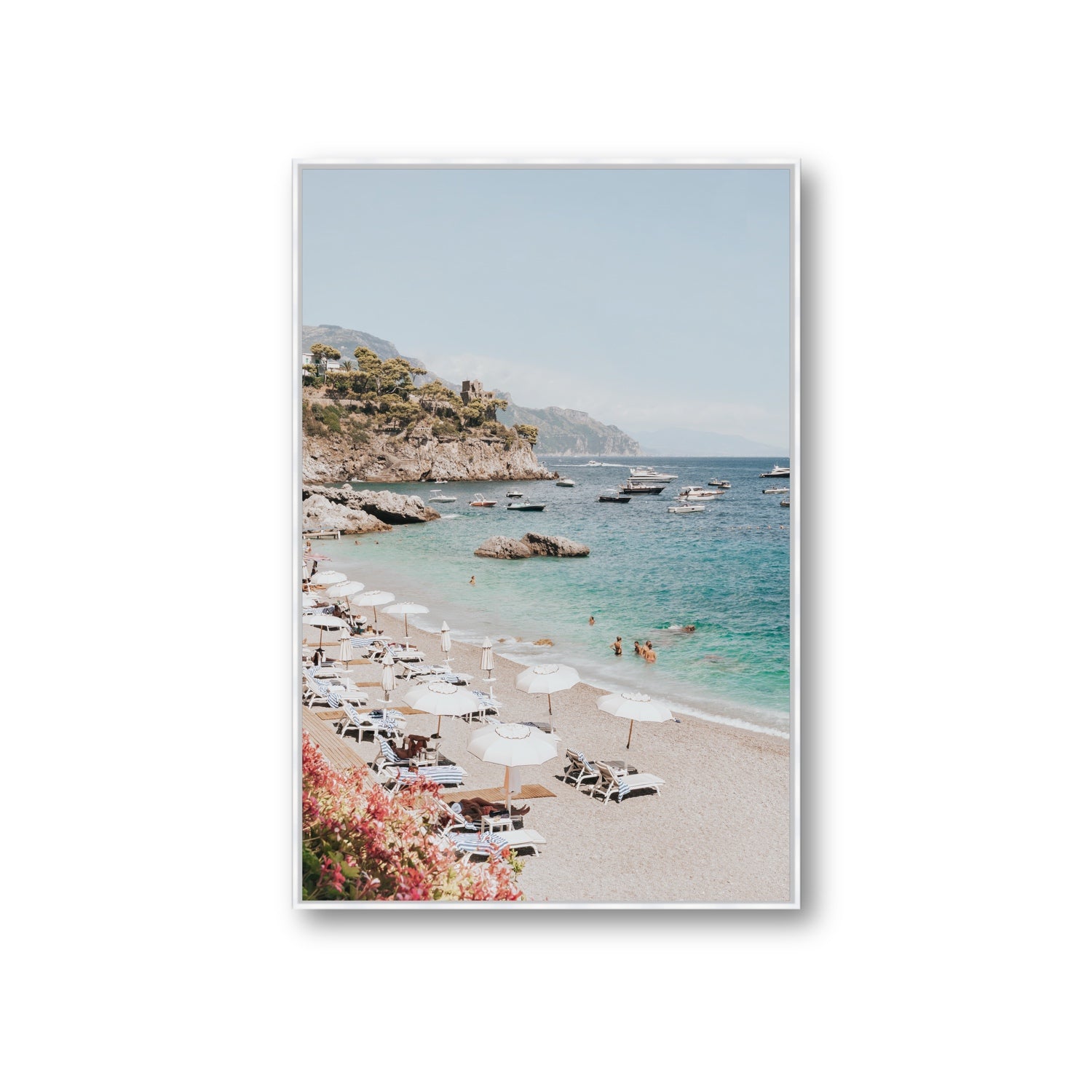 Seaview Refuge Amalfi coastal wall art giant fine art canvas in white float frame