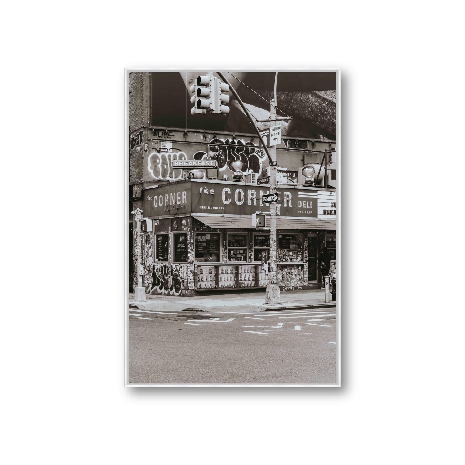 Soho Deli New York NYC Black & White wall art Giant fine art canvas in white float frame