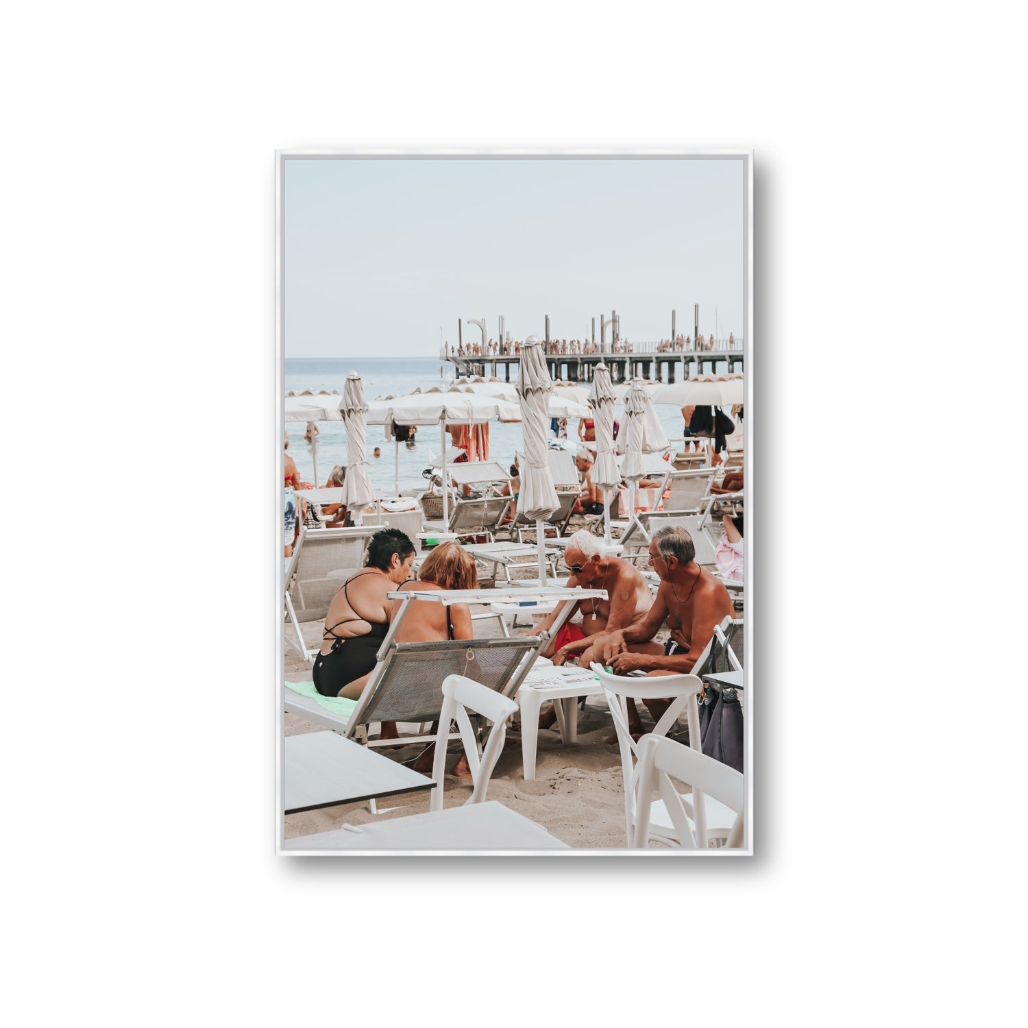 Salted Shuffle fine art print, Alassio, Italy, people and locals artwork, Giant, White Float Frame, Fine Art Canvas