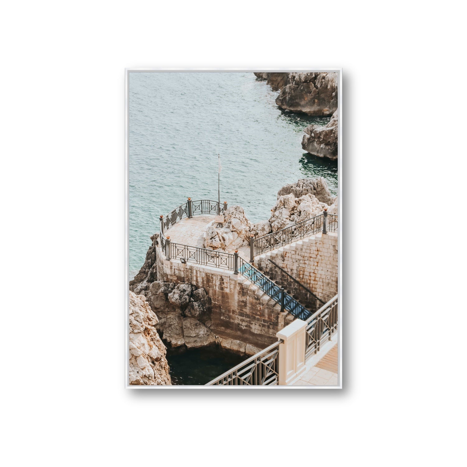 Tidal Staircase Puglia coastal Italian wall art Giant fine art canvas in white float frame