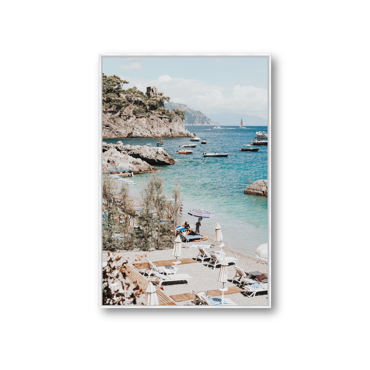 Sizzling Summer Days Amalfi coastal wall art Giant fine art canvas in white float frame