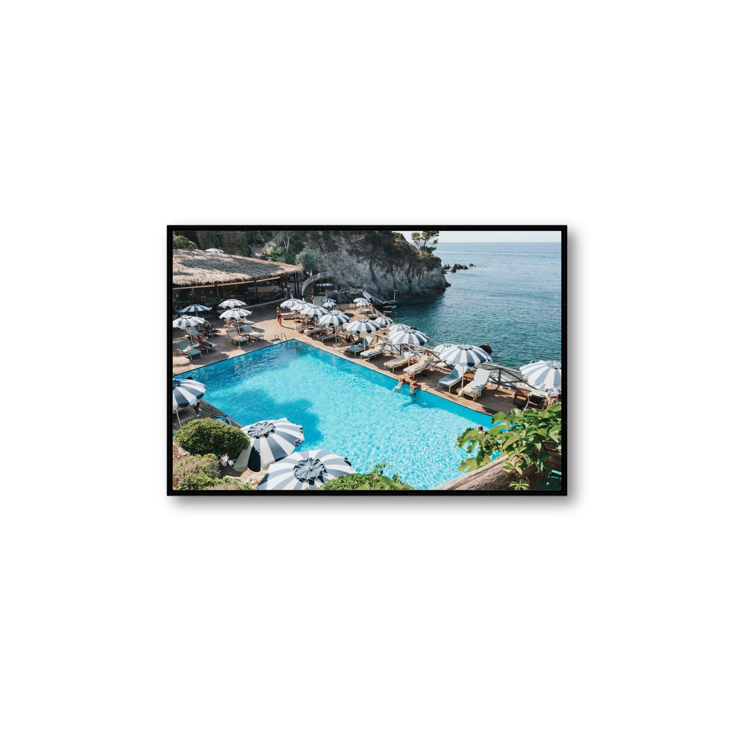 Oceanview Ischia Italian coastal wall art Large fine art canvas in black float frame