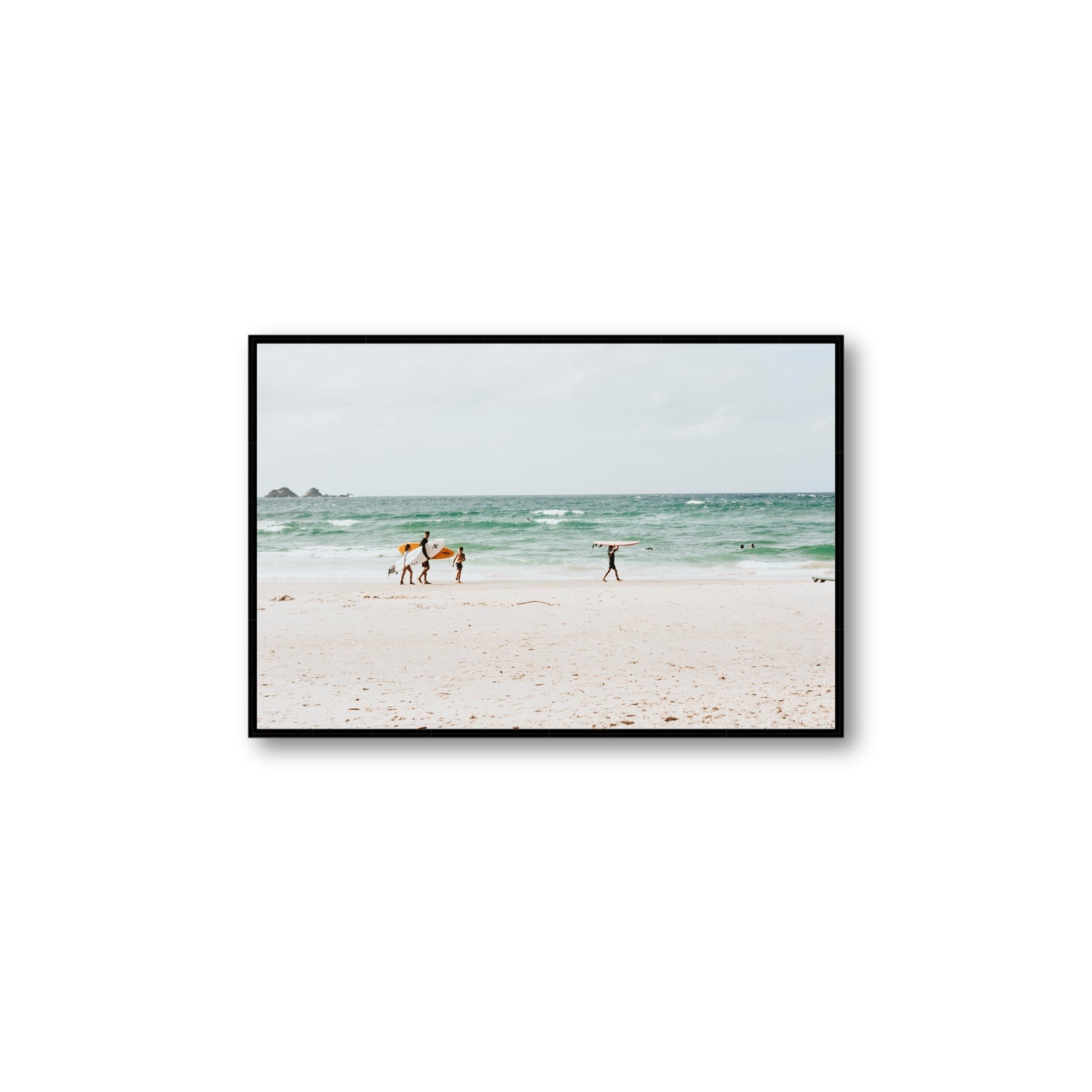 La Famiglia Byron Bay Family Surf coastal wall art Large fine art canvas in black float frame