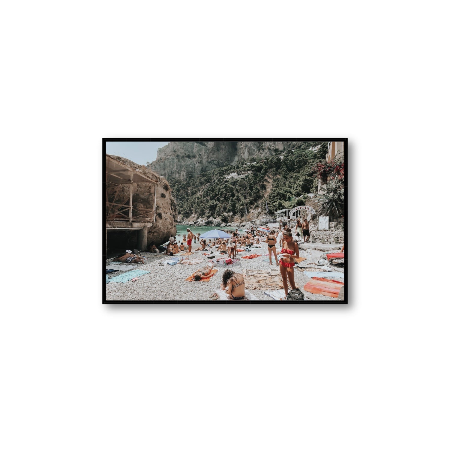 Spiaggia Da Gioia Capri beach coastal wall art Large fine art canvas in black float frame