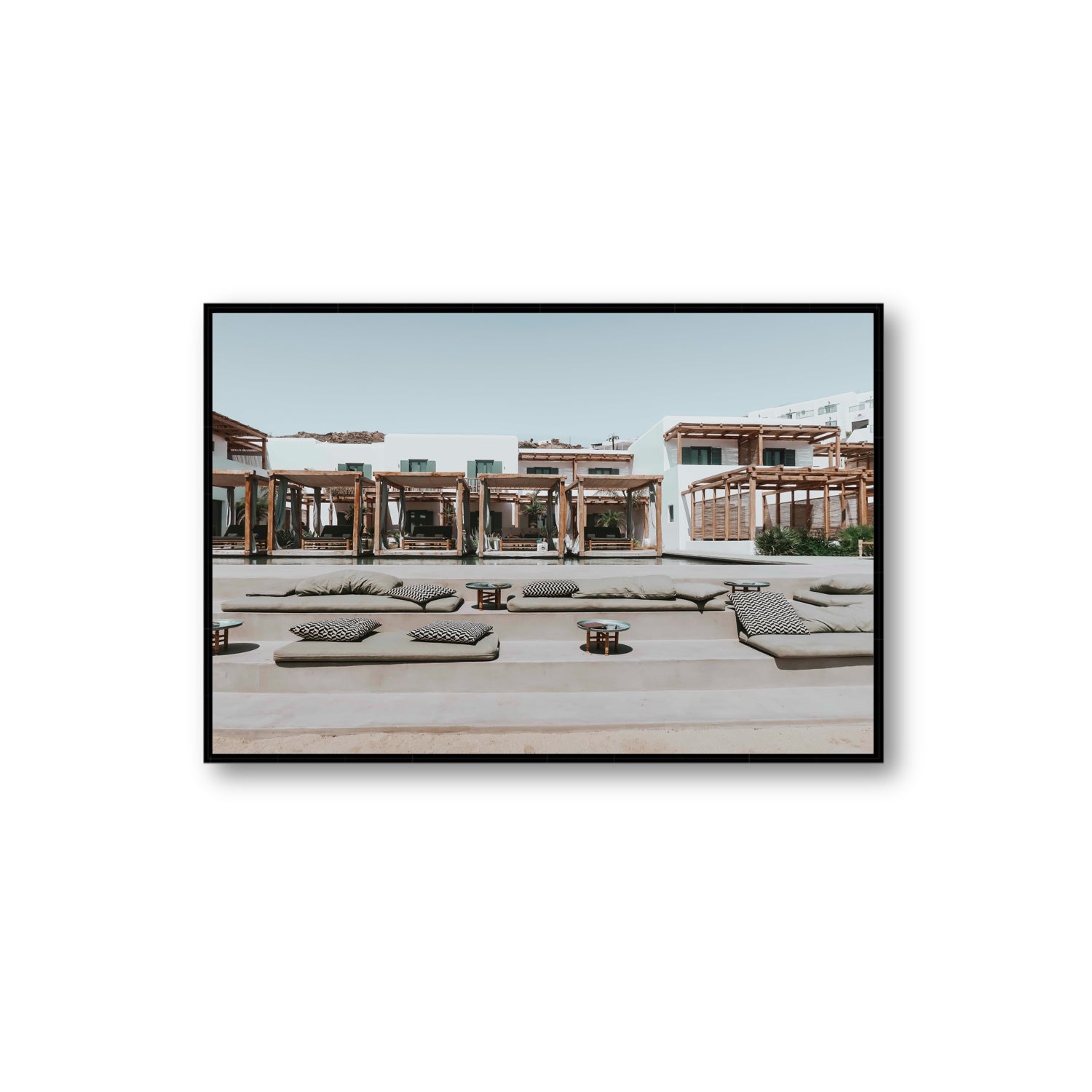 Platis Gialos fine art print, Mykonos, Greece, Extra Large, Black Float Frame, Fine Art Canvas